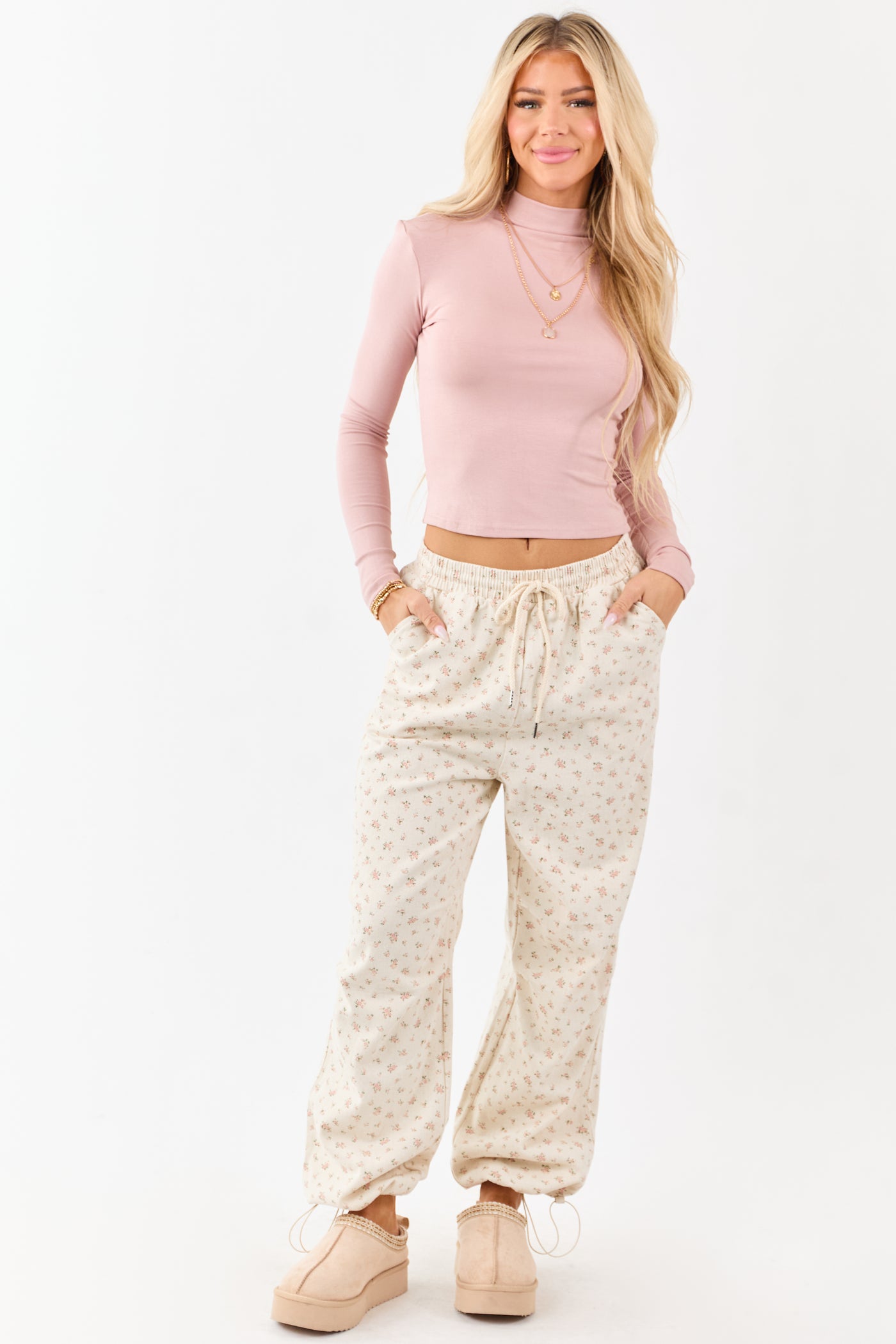Cream Floral Drawstring Waist Denim Parachute Pants