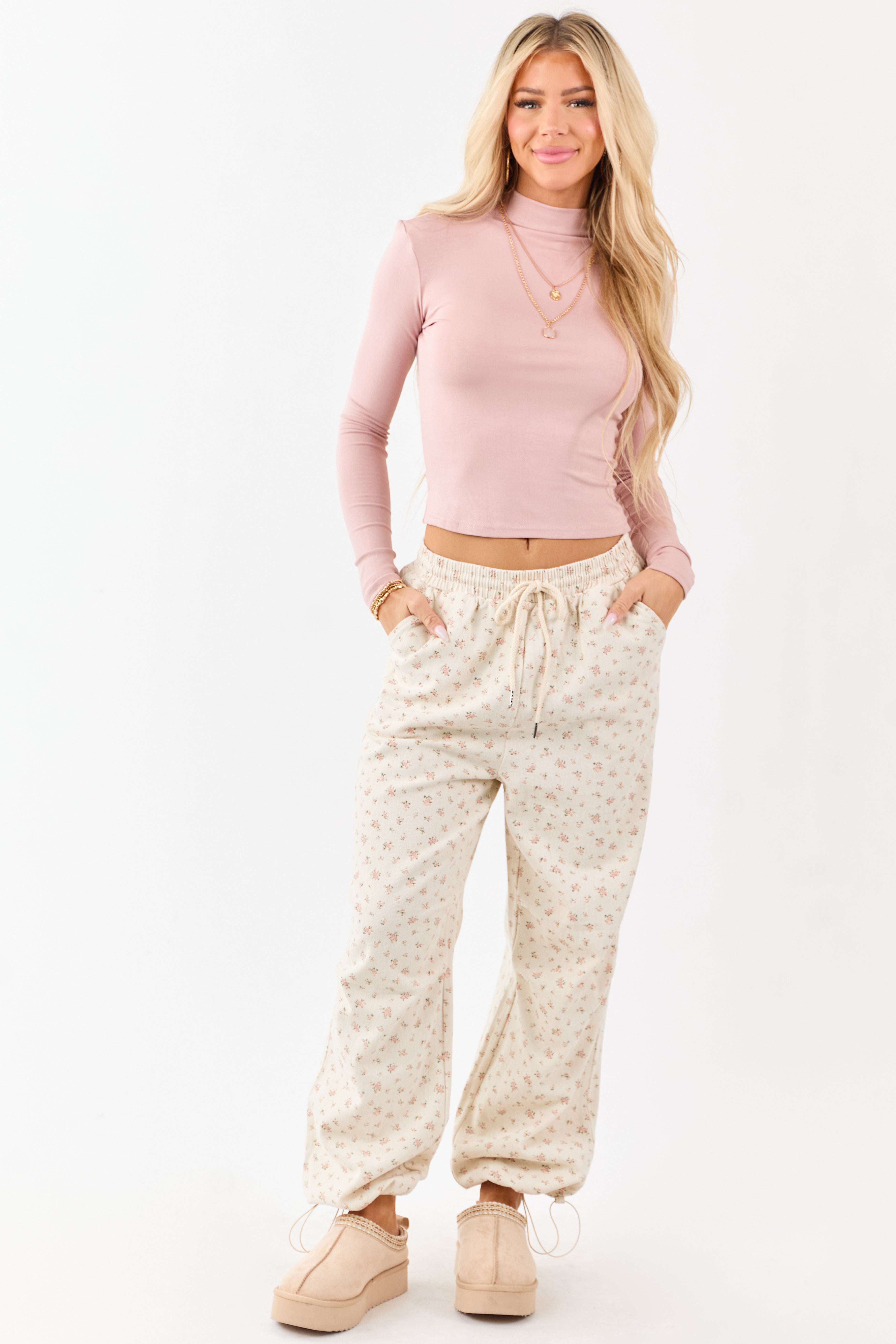 Cream Floral Drawstring Waist Denim Parachute Pants
