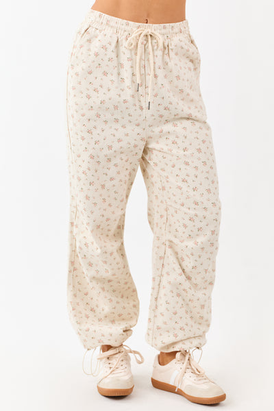 Cream Floral Drawstring Waist Denim Parachute Pants