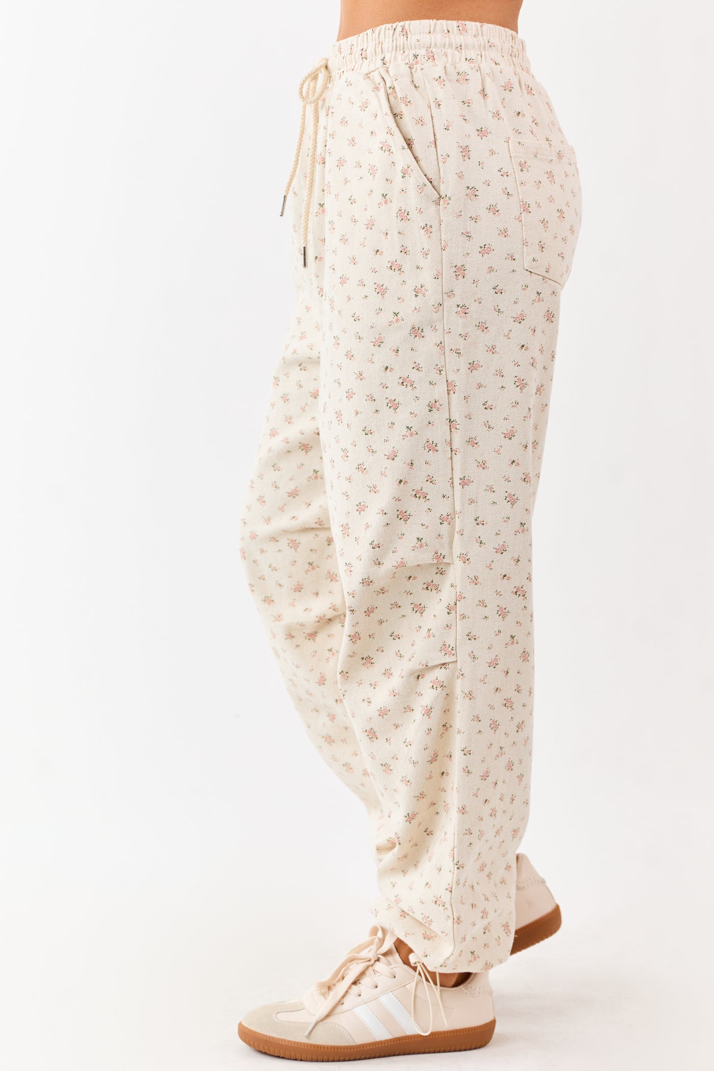 Cream Floral Drawstring Waist Denim Parachute Pants