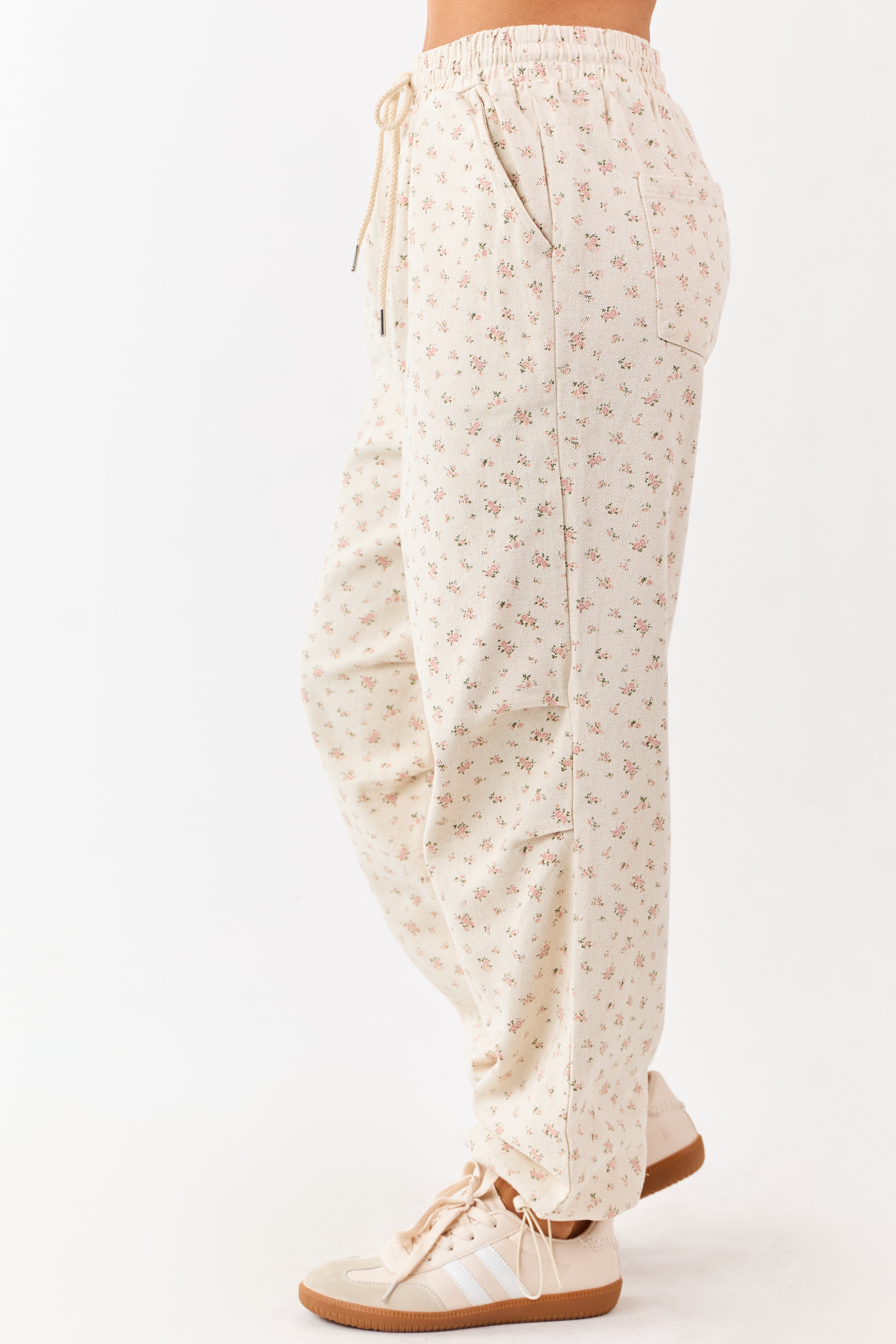 Cream Floral Drawstring Waist Denim Parachute Pants