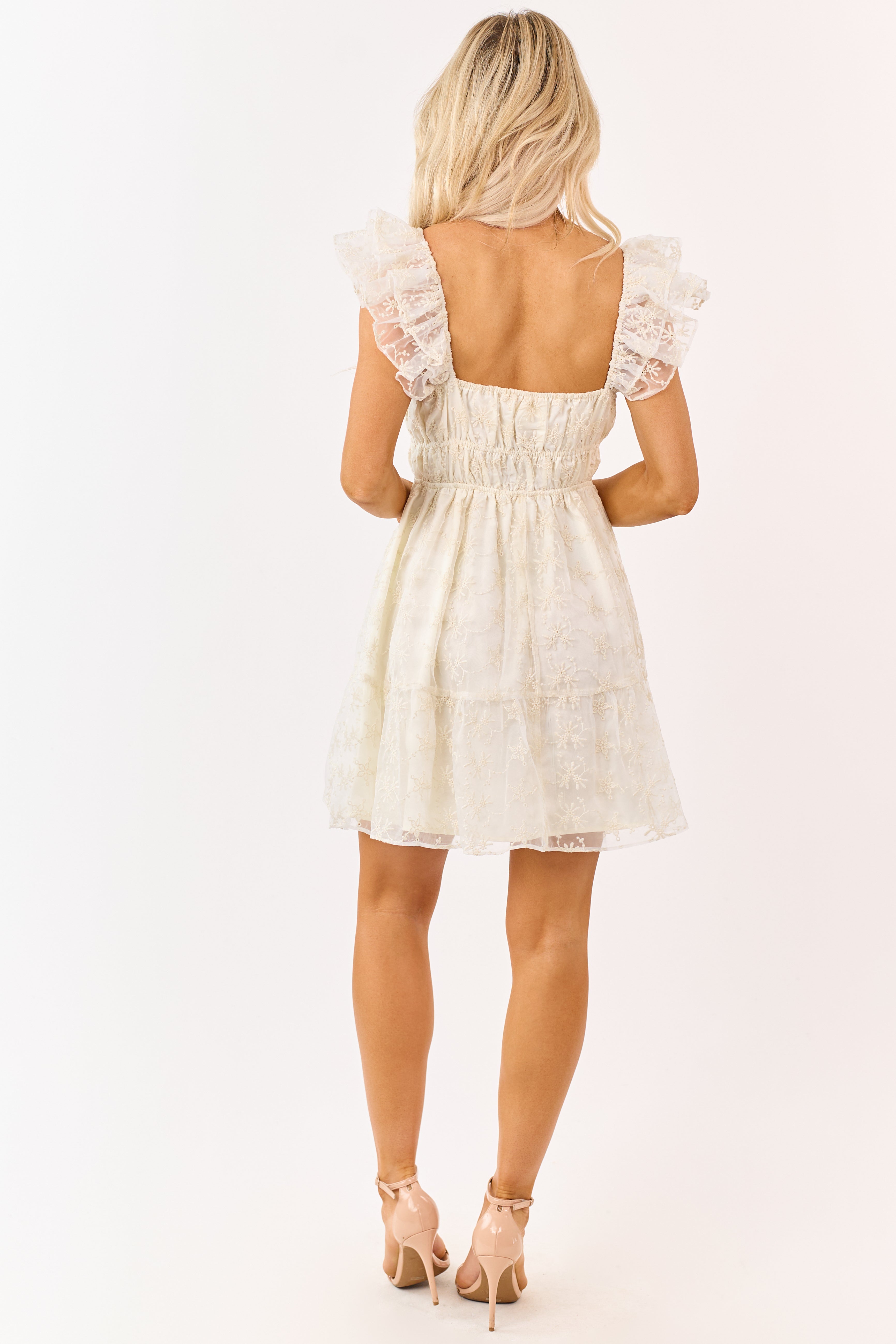 Cream Floral Embroidered Chiffon Mini Dress