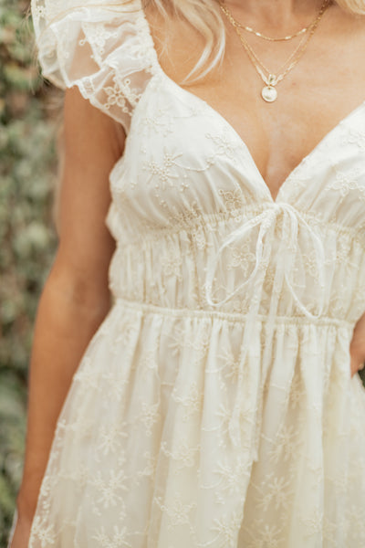 Cream Floral Embroidered Chiffon Mini Dress