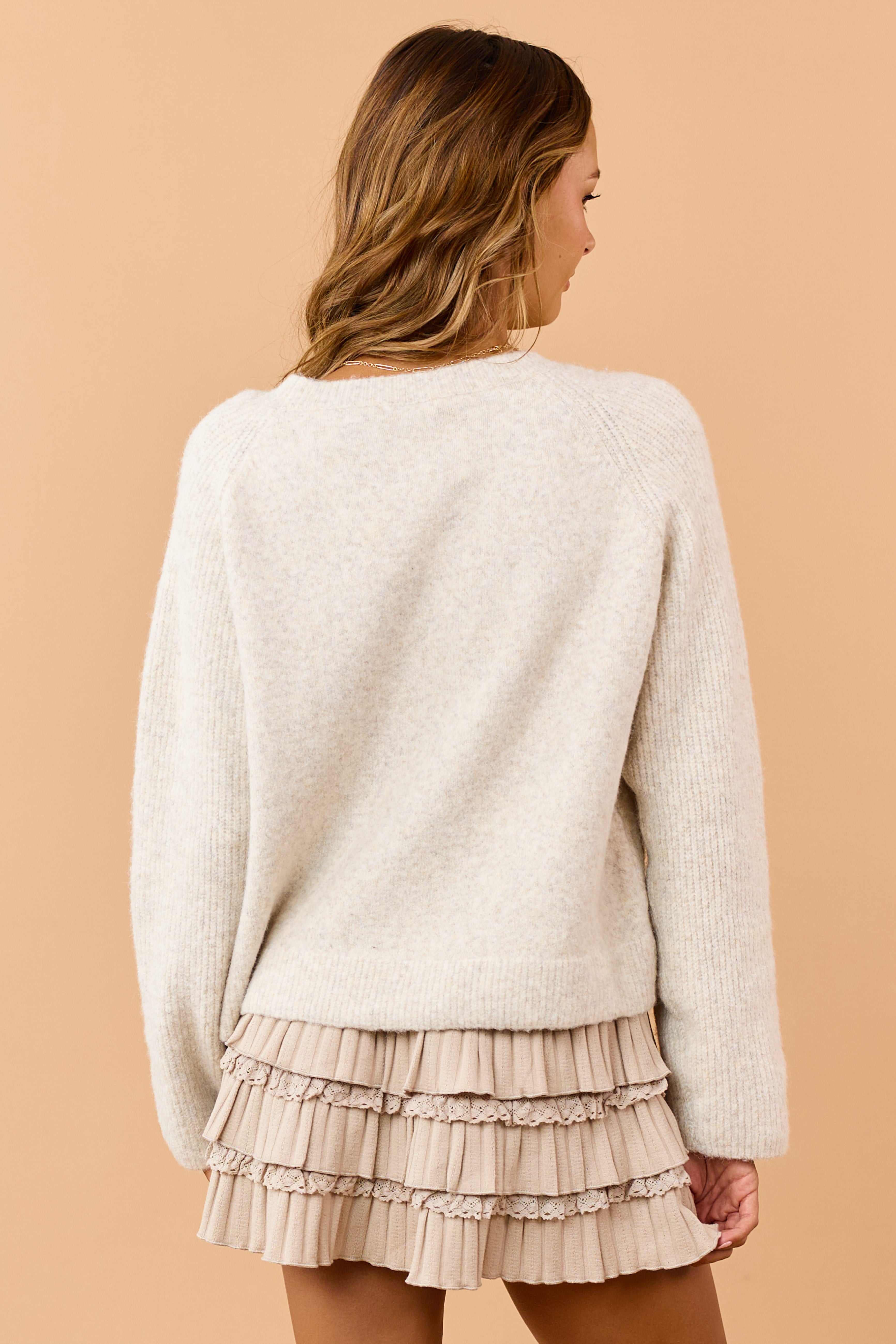 Cream Floral Embroidered Wool Blend Sweater