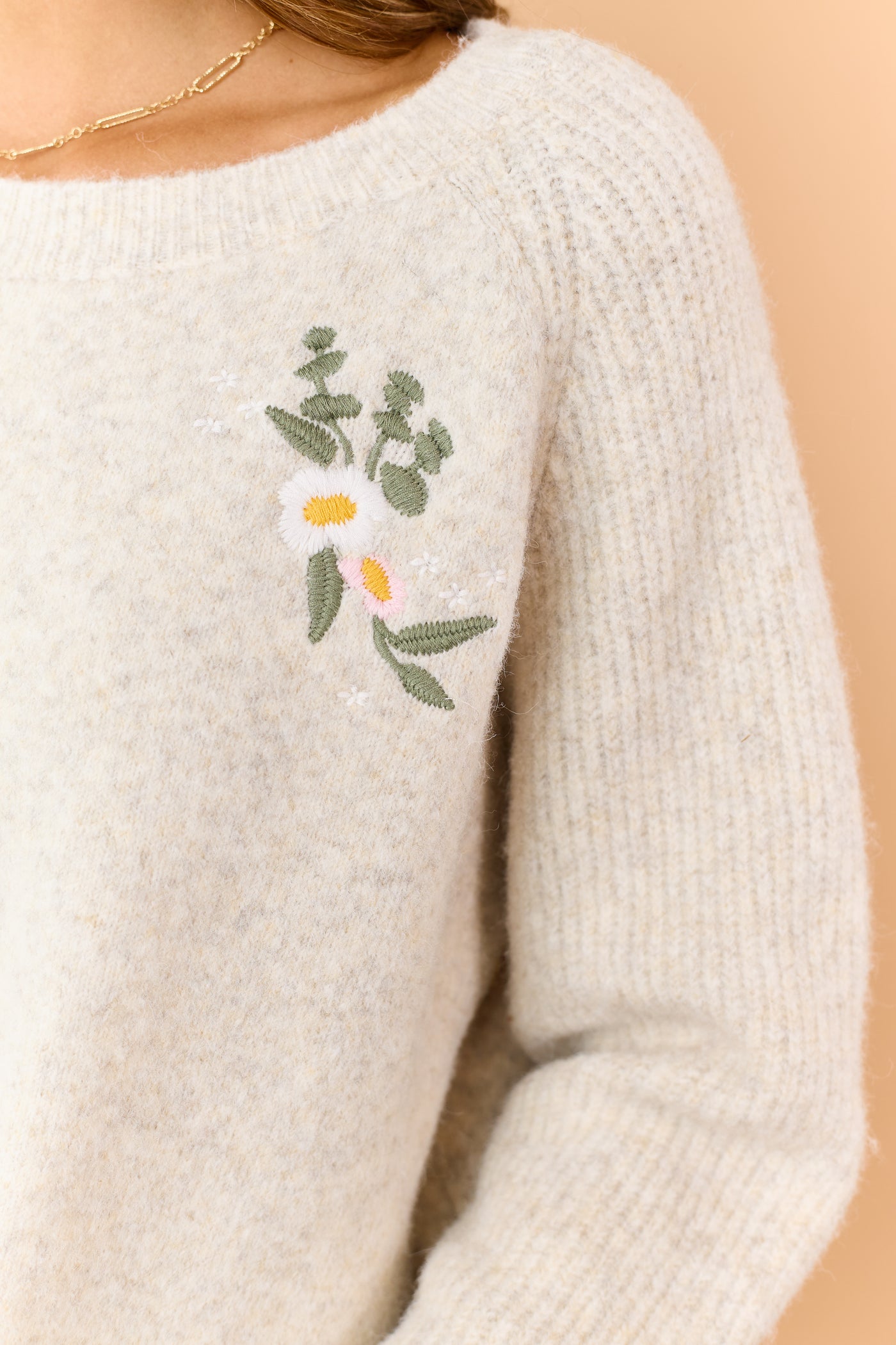 Cream Floral Embroidered Wool Blend Sweater