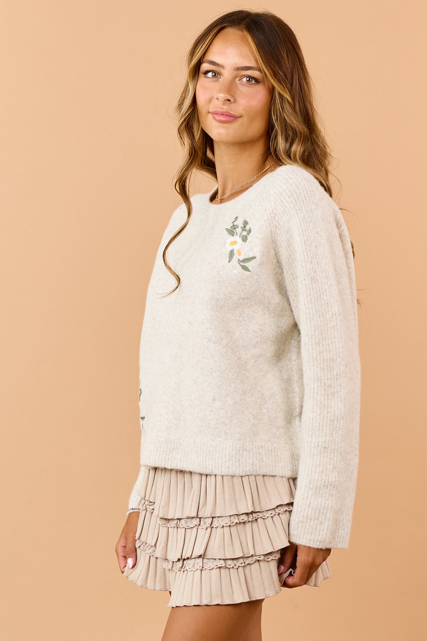 Cream Floral Embroidered Wool Blend Sweater