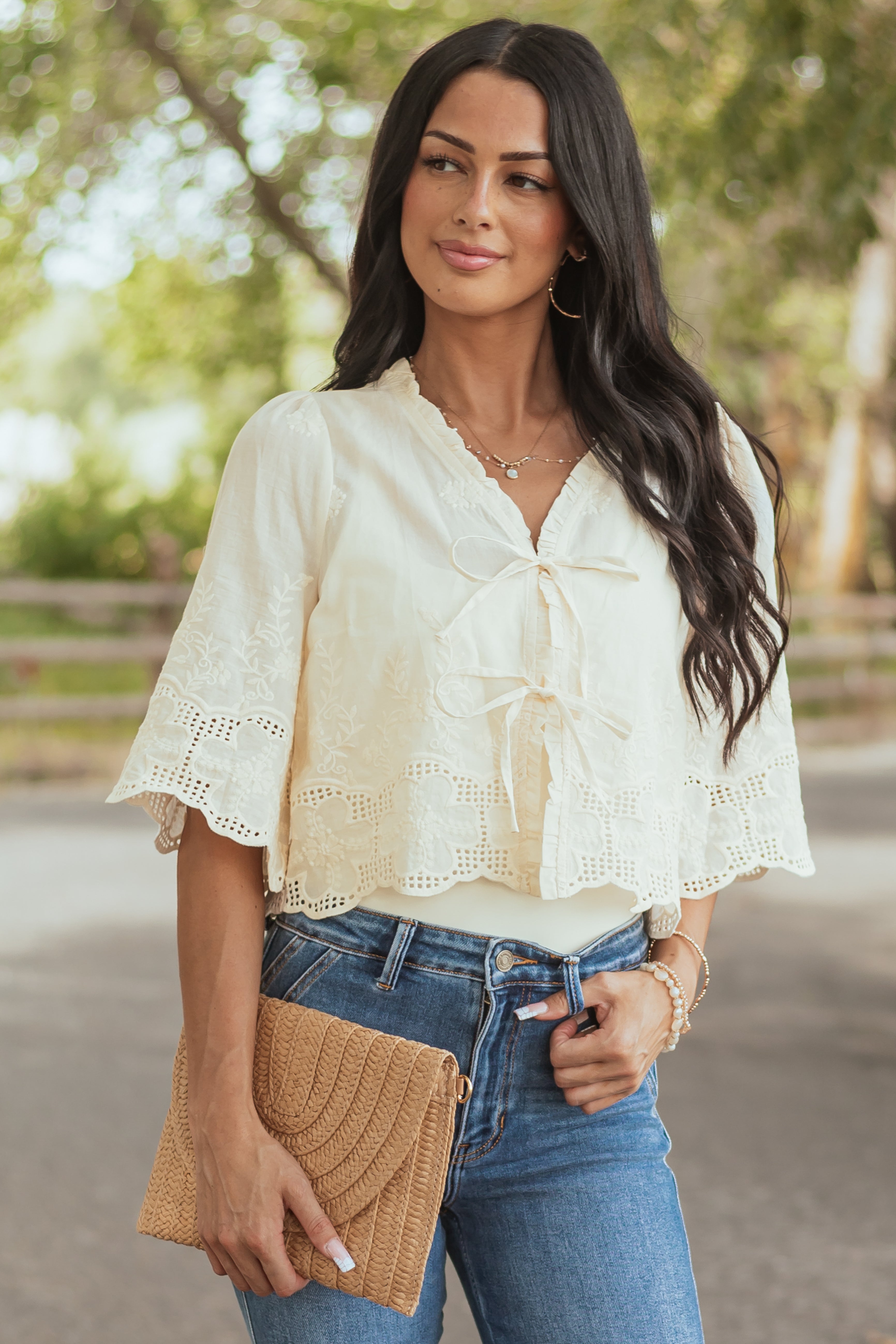 Cream Floral Embroidery Tie Front Cotton Blouse