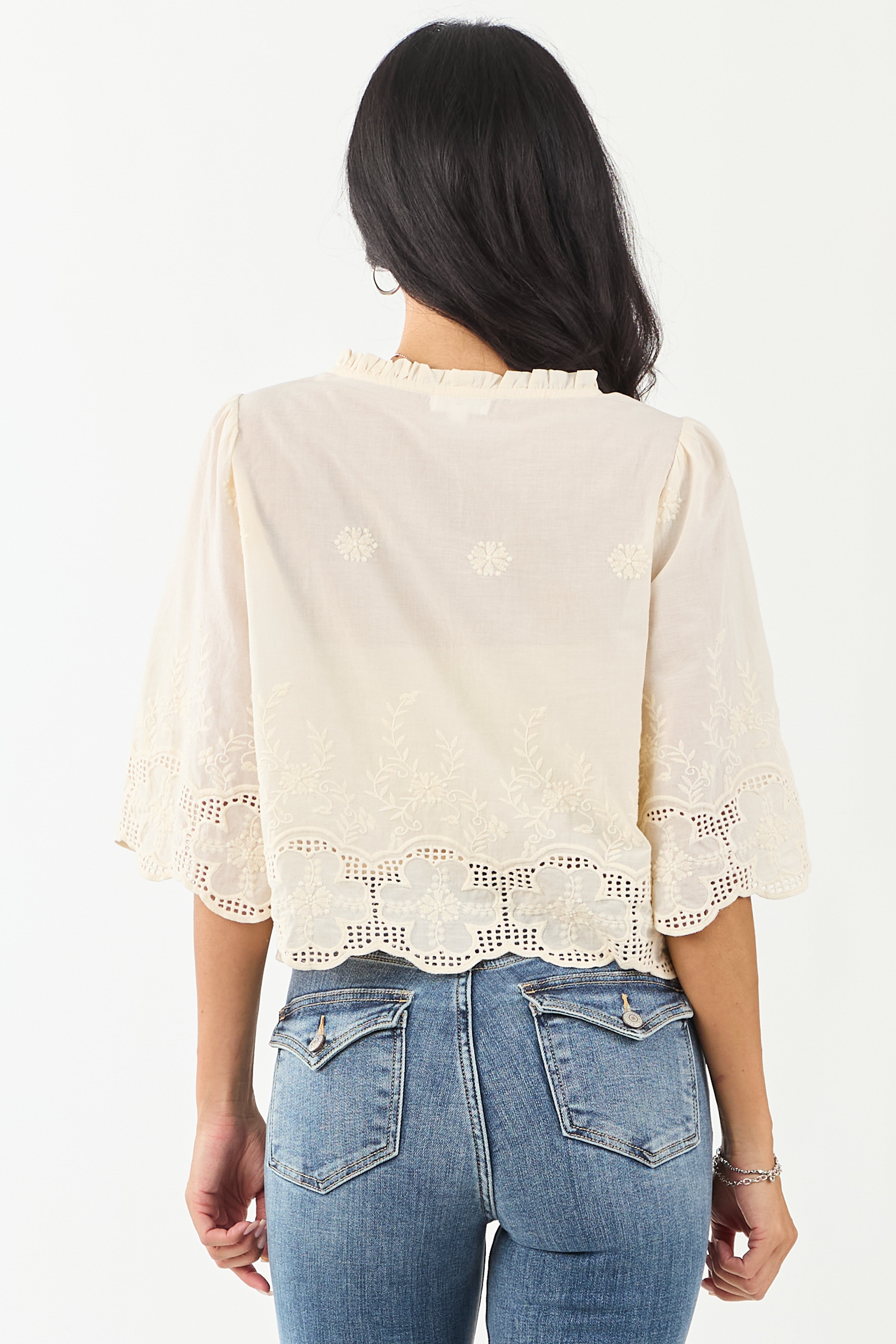 Cream Floral Embroidery Tie Front Cotton Blouse