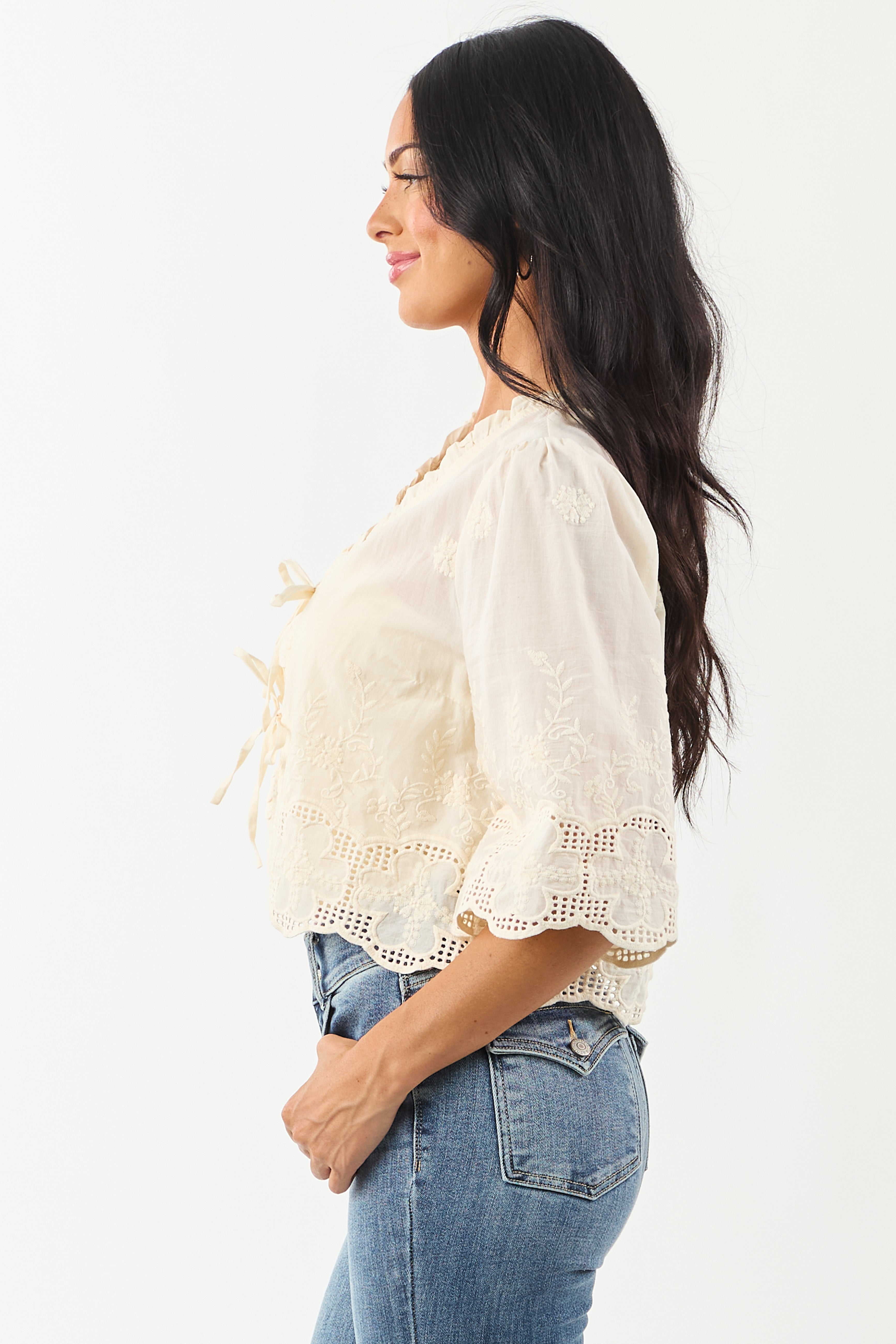 Cream Floral Embroidery Tie Front Cotton Blouse