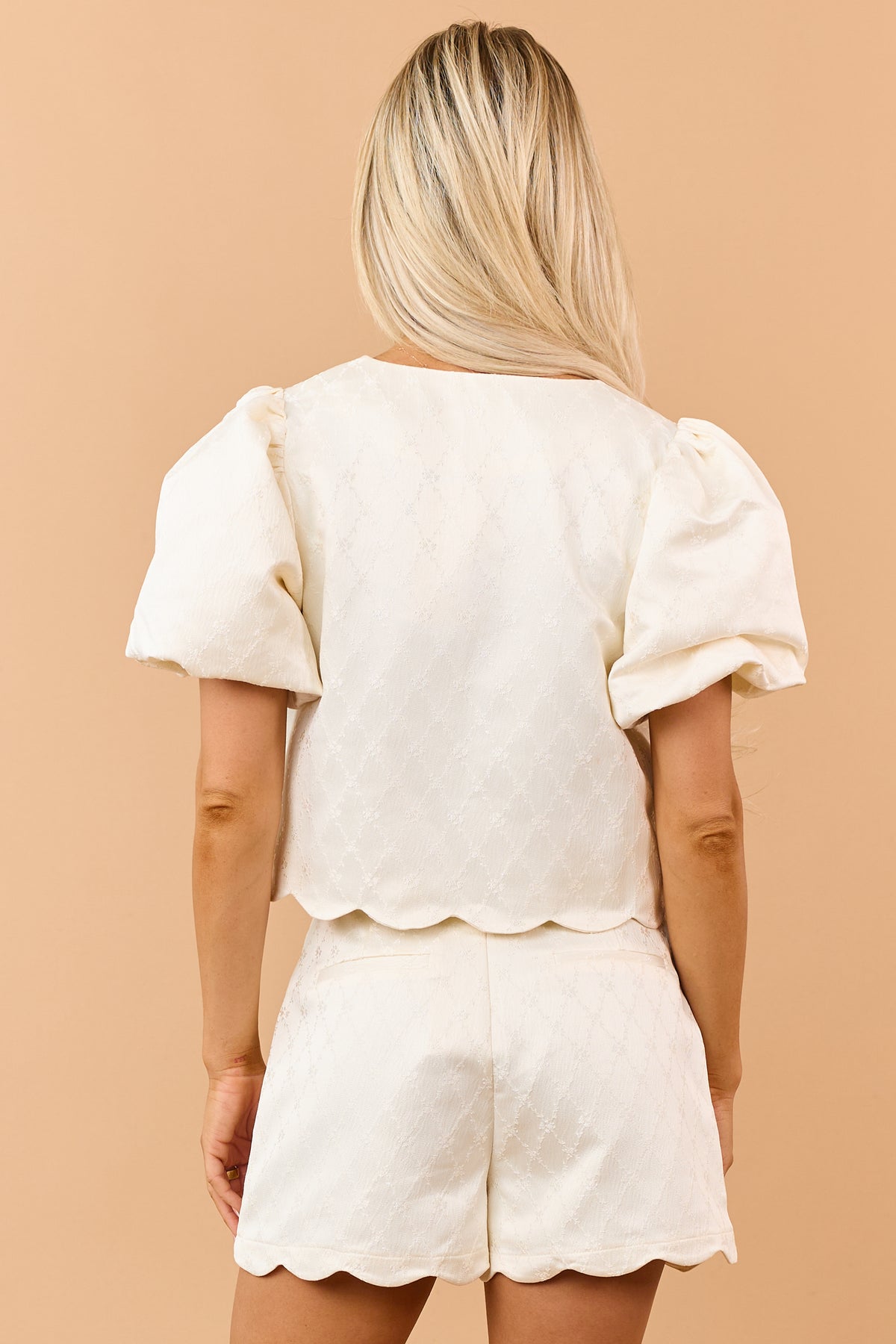 Cream Floral Jacquard Neck Tie Scalloped Top