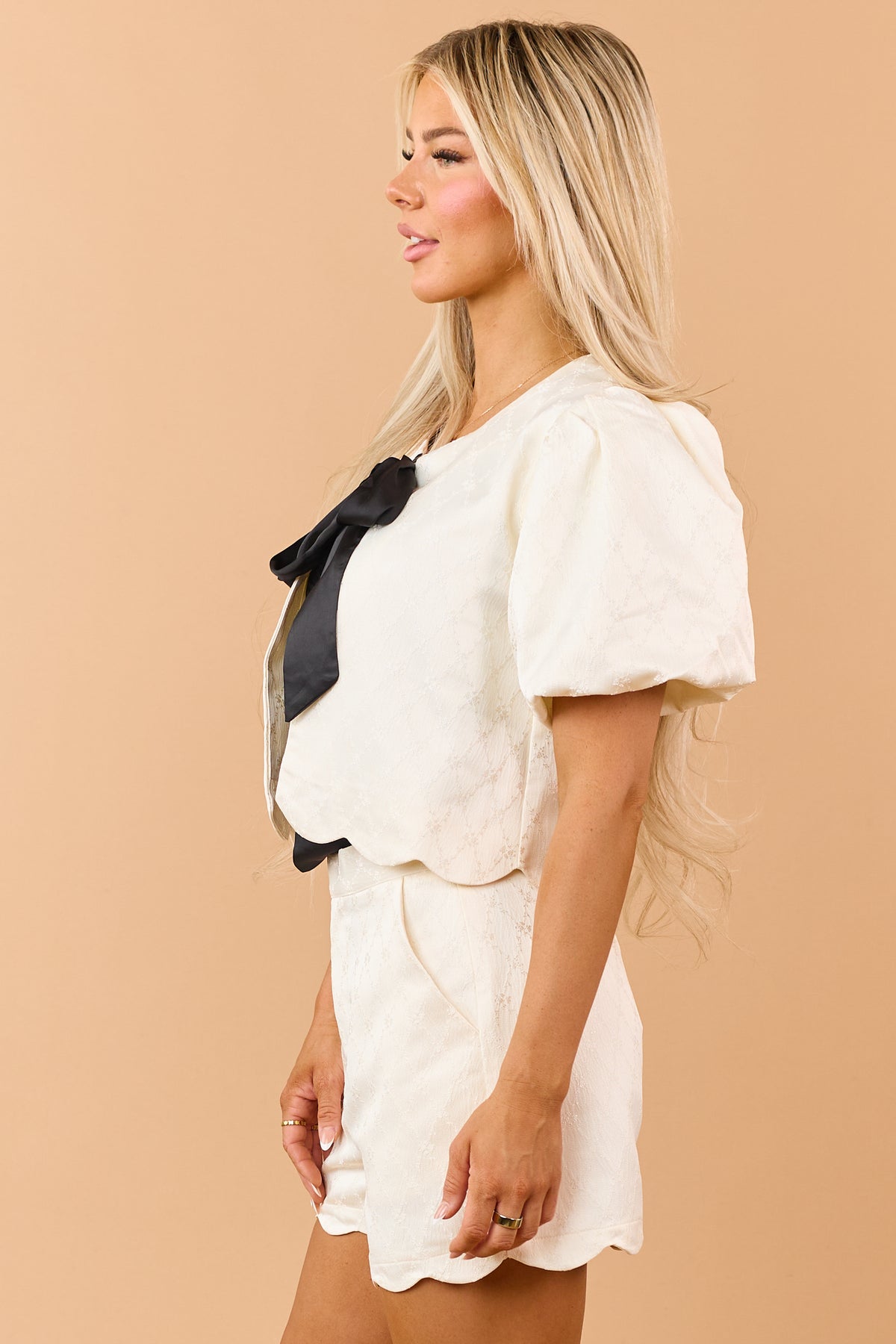 Cream Floral Jacquard Neck Tie Scalloped Top
