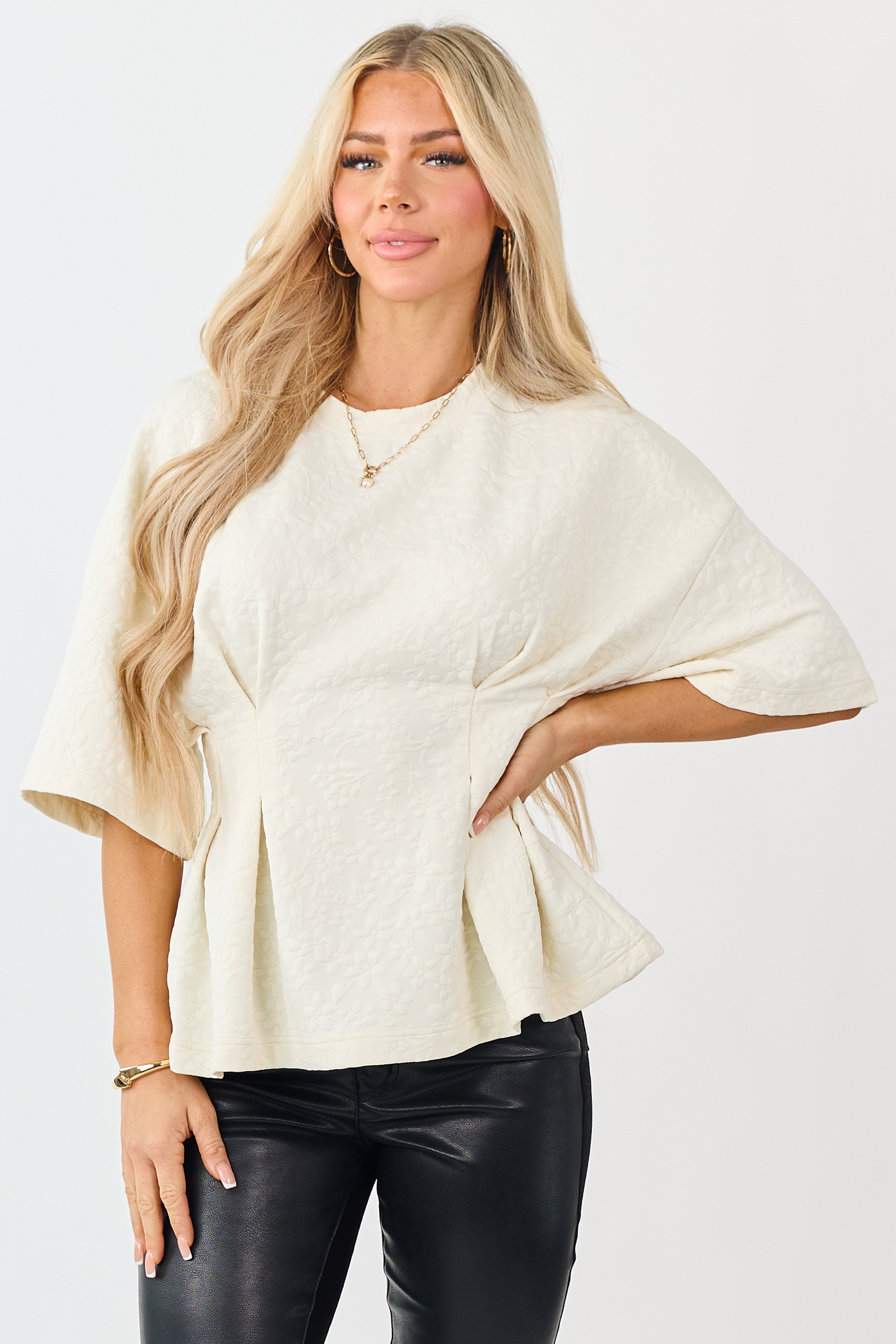 Cream Floral Jacquard Peplum Short Sleeve Top