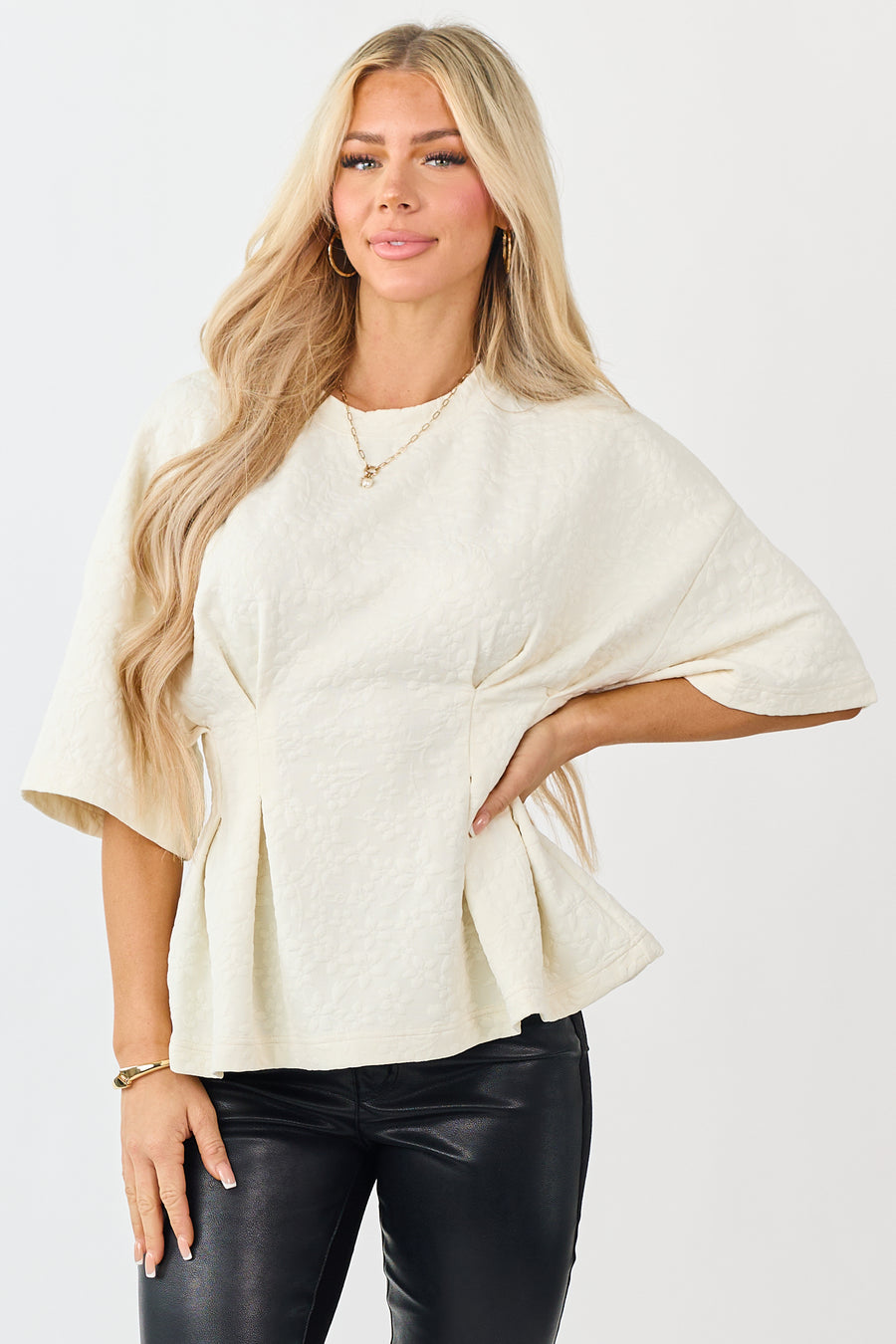 Cream Floral Jacquard Peplum Short Sleeve Top