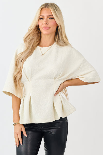 Cream Floral Jacquard Peplum Short Sleeve Top | Lime Lush Boutique