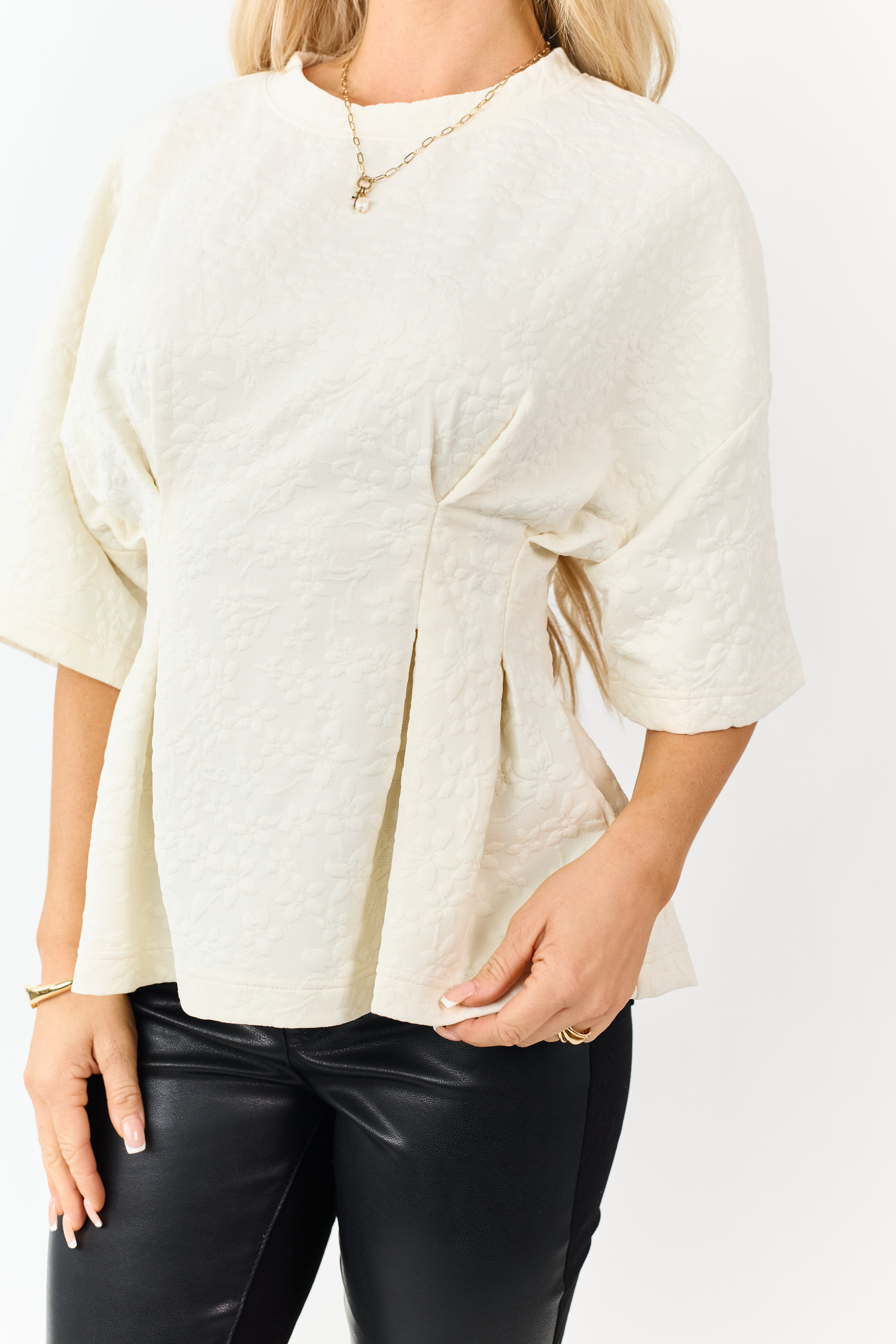 Cream Floral Jacquard Peplum Short Sleeve Top | Lime Lush Boutique