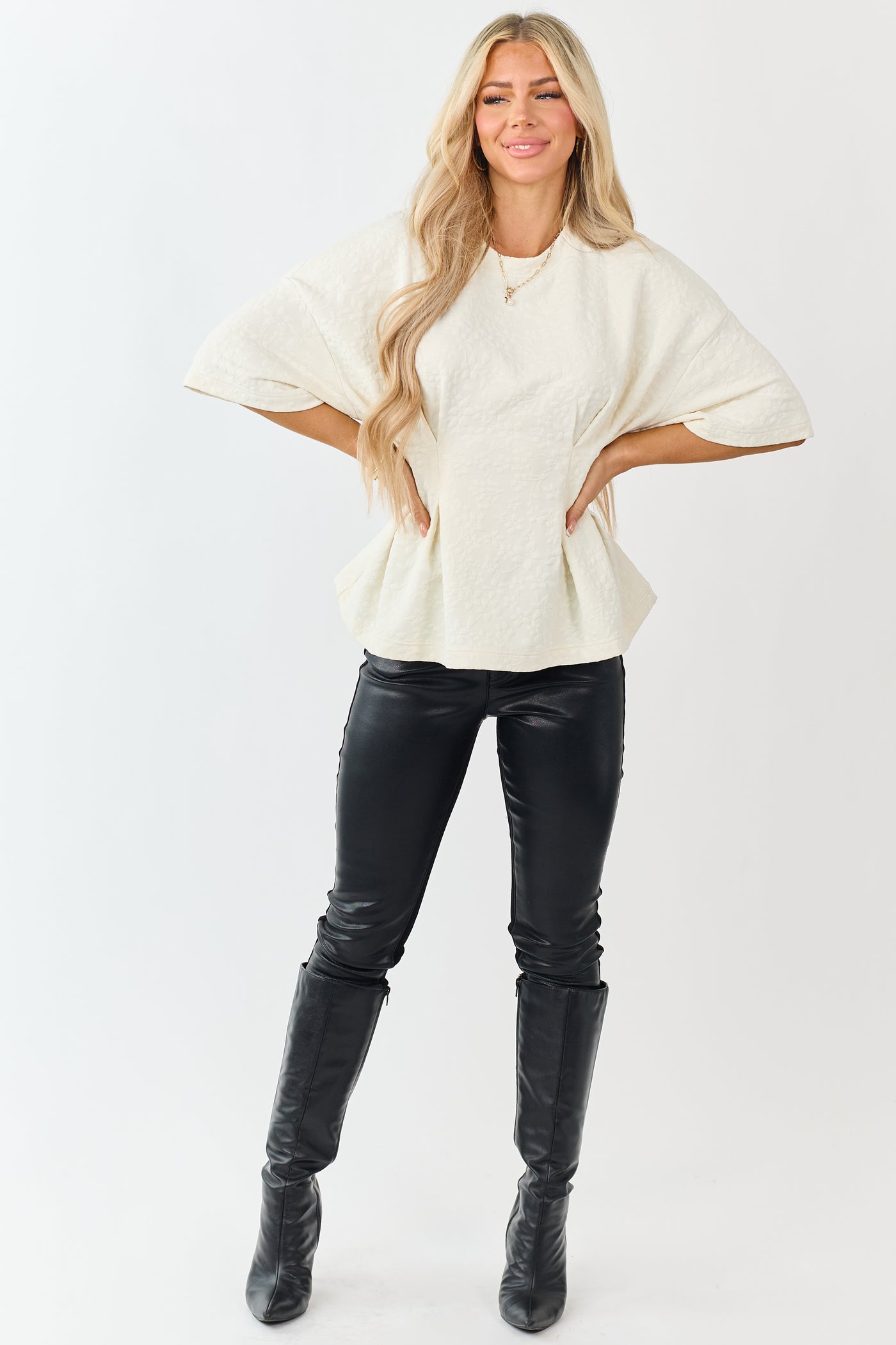 Cream Floral Jacquard Peplum Short Sleeve Top