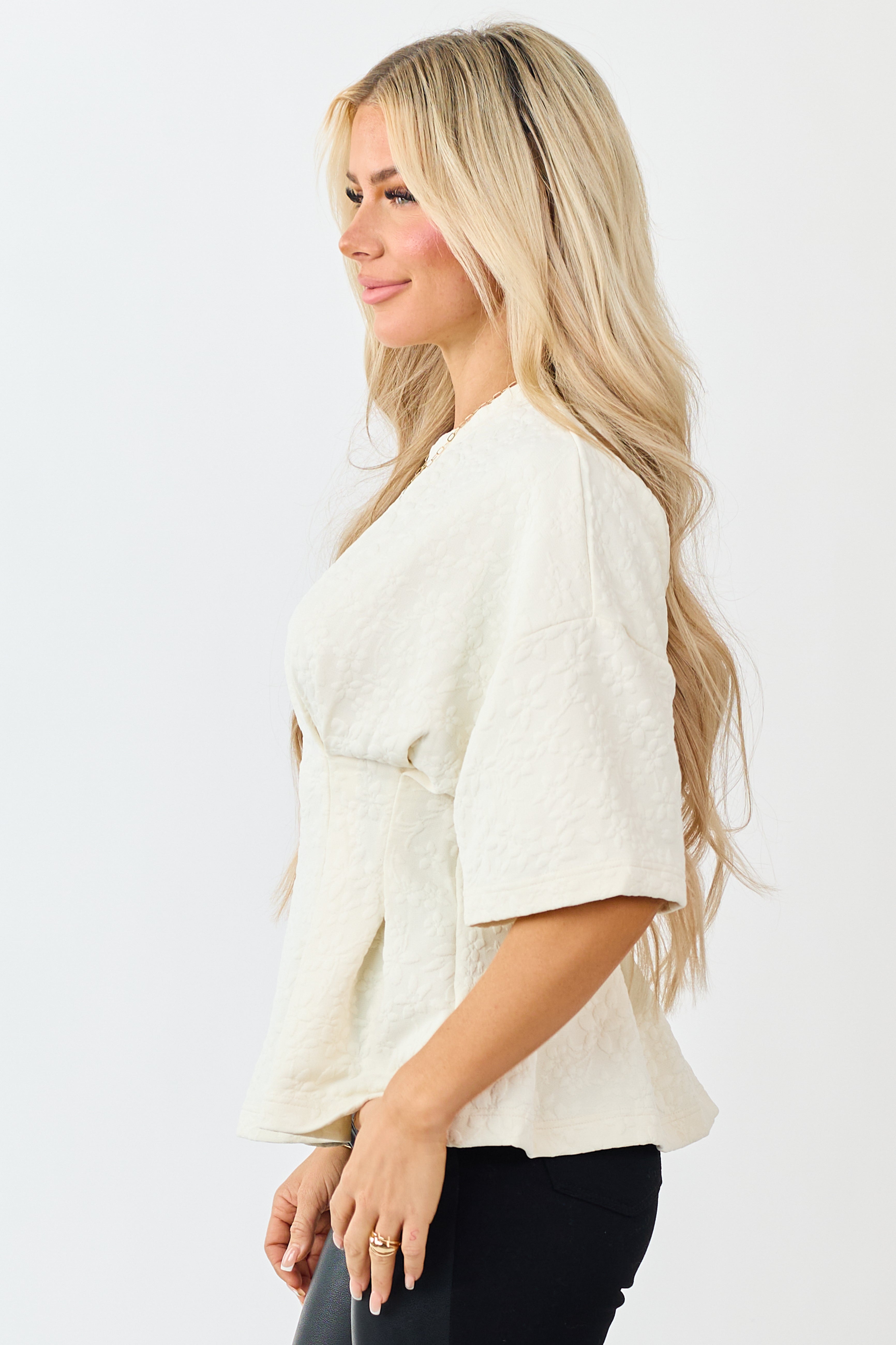 Cream Floral Jacquard Peplum Short Sleeve Top | Lime Lush Boutique