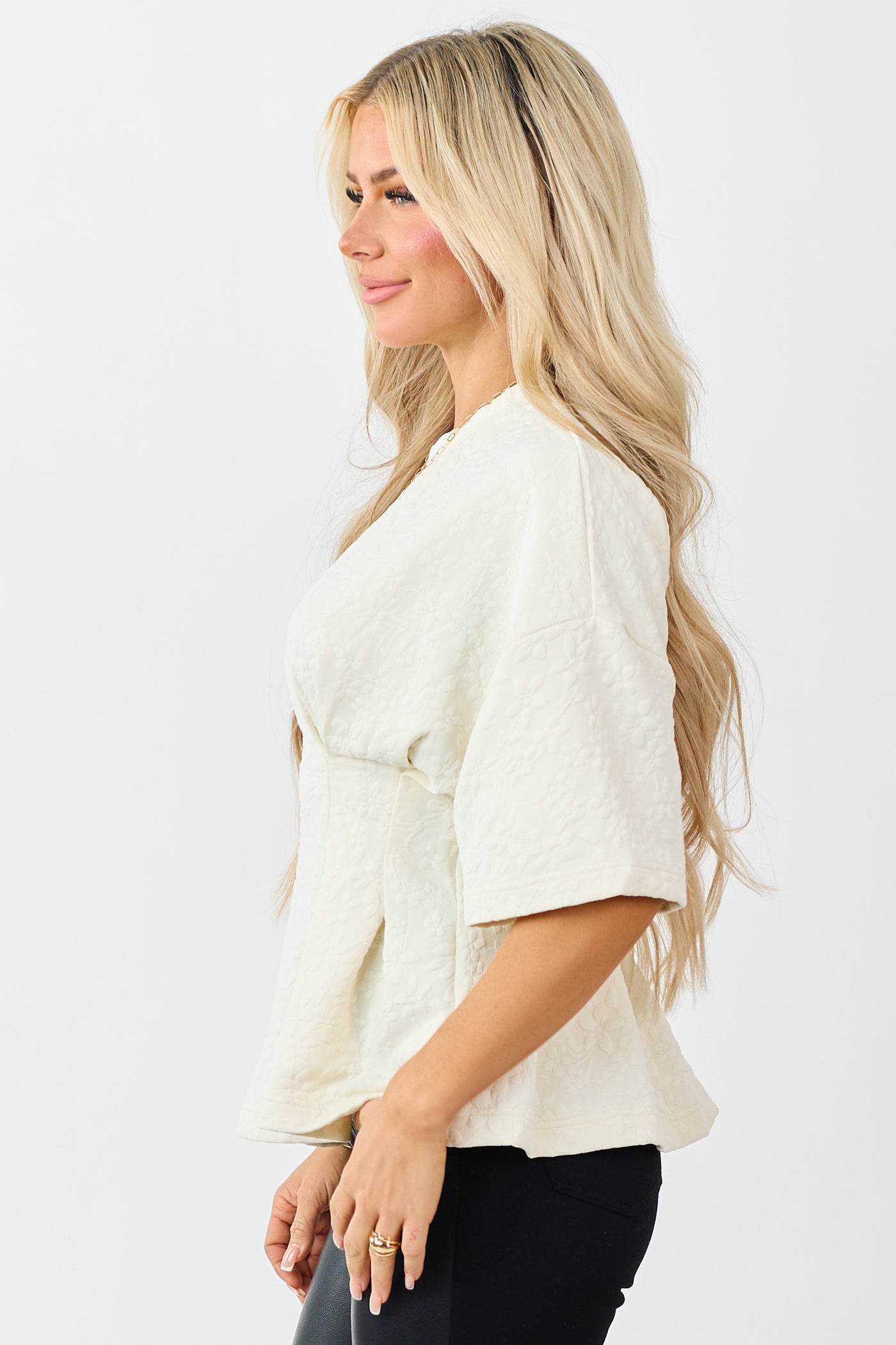 Cream Floral Jacquard Peplum Short Sleeve Top