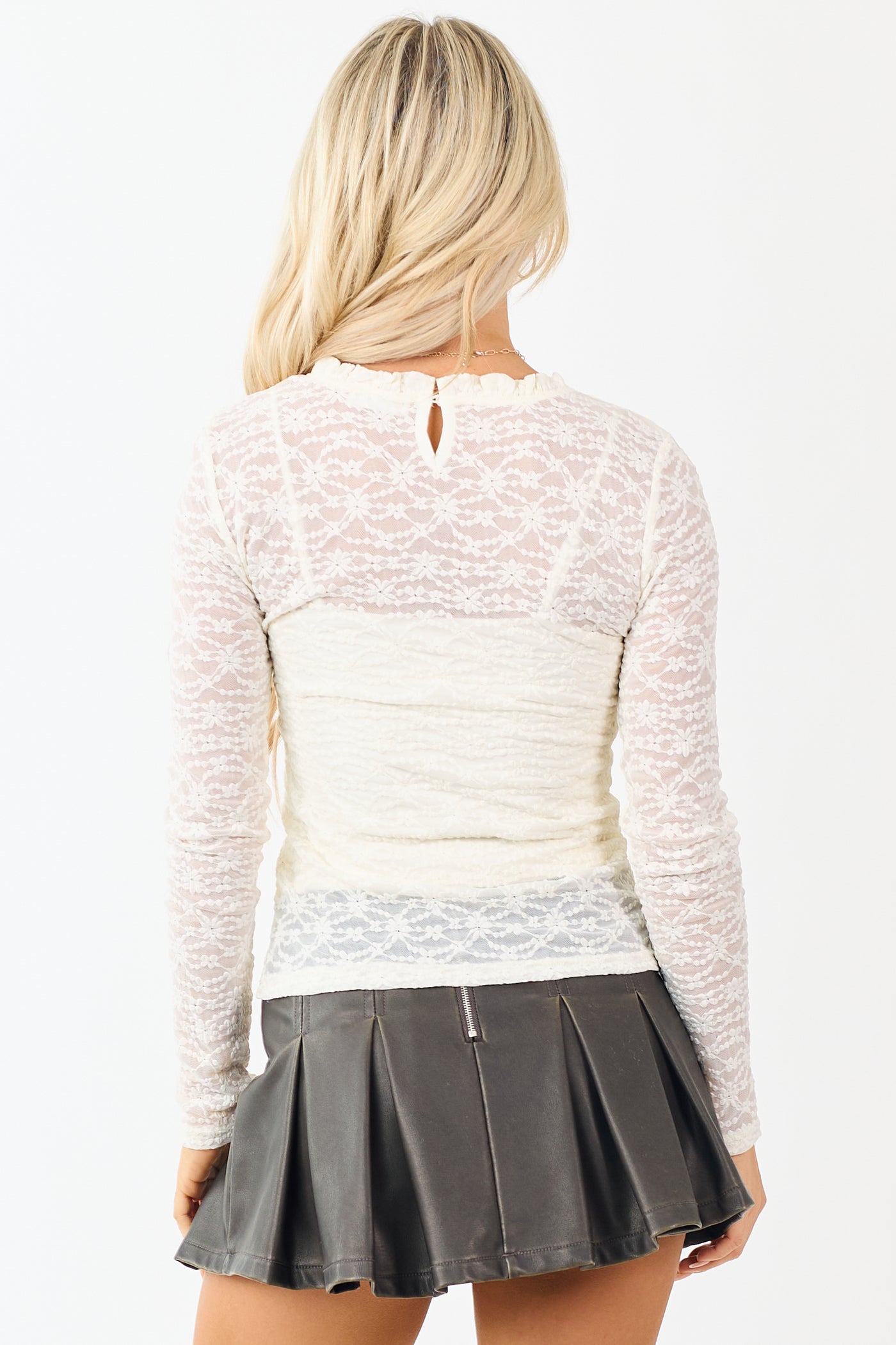 Cream Floral Lace Frill Neckline Long Sleeve Top
