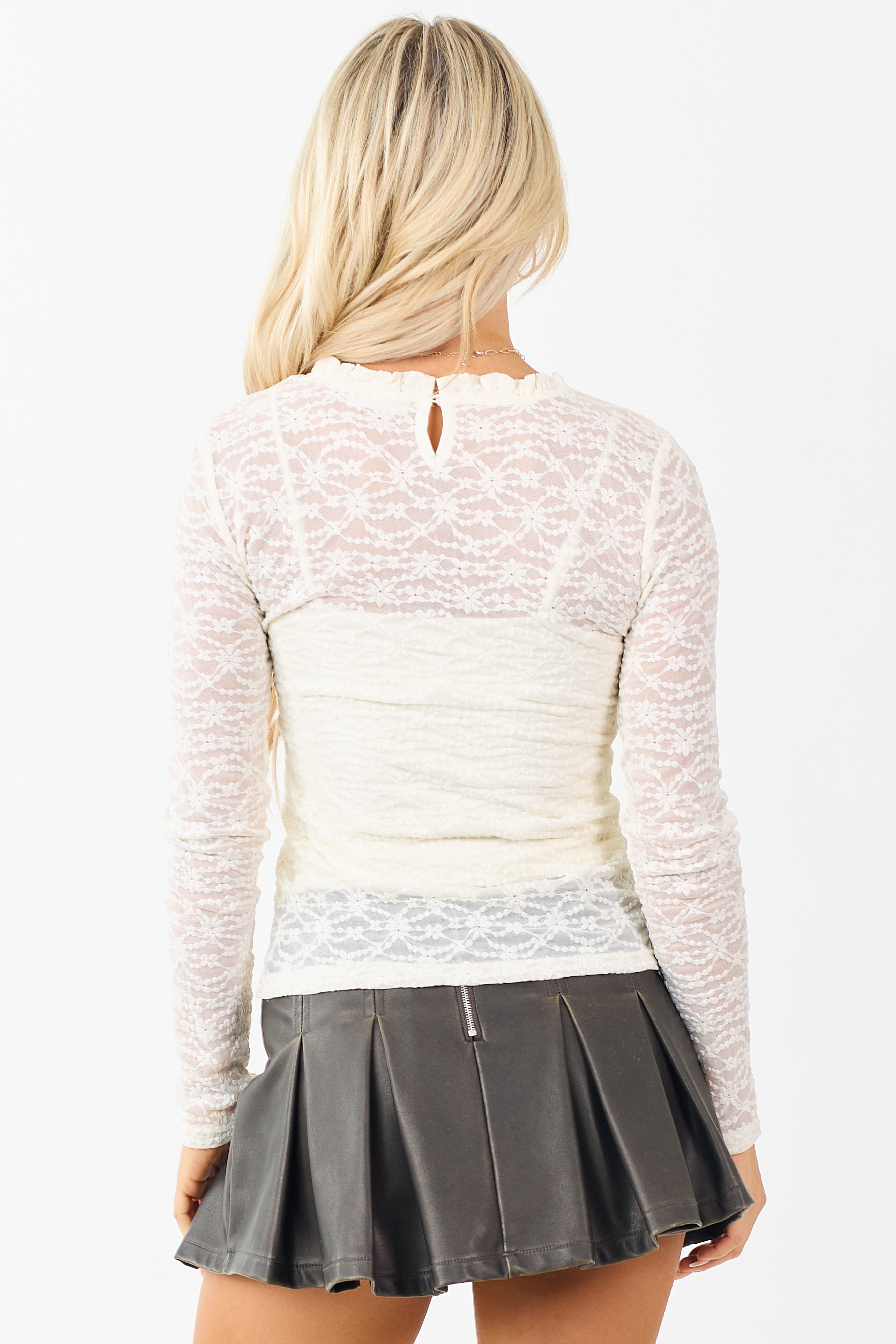 Cream Floral Lace Frill Neckline Long Sleeve Top