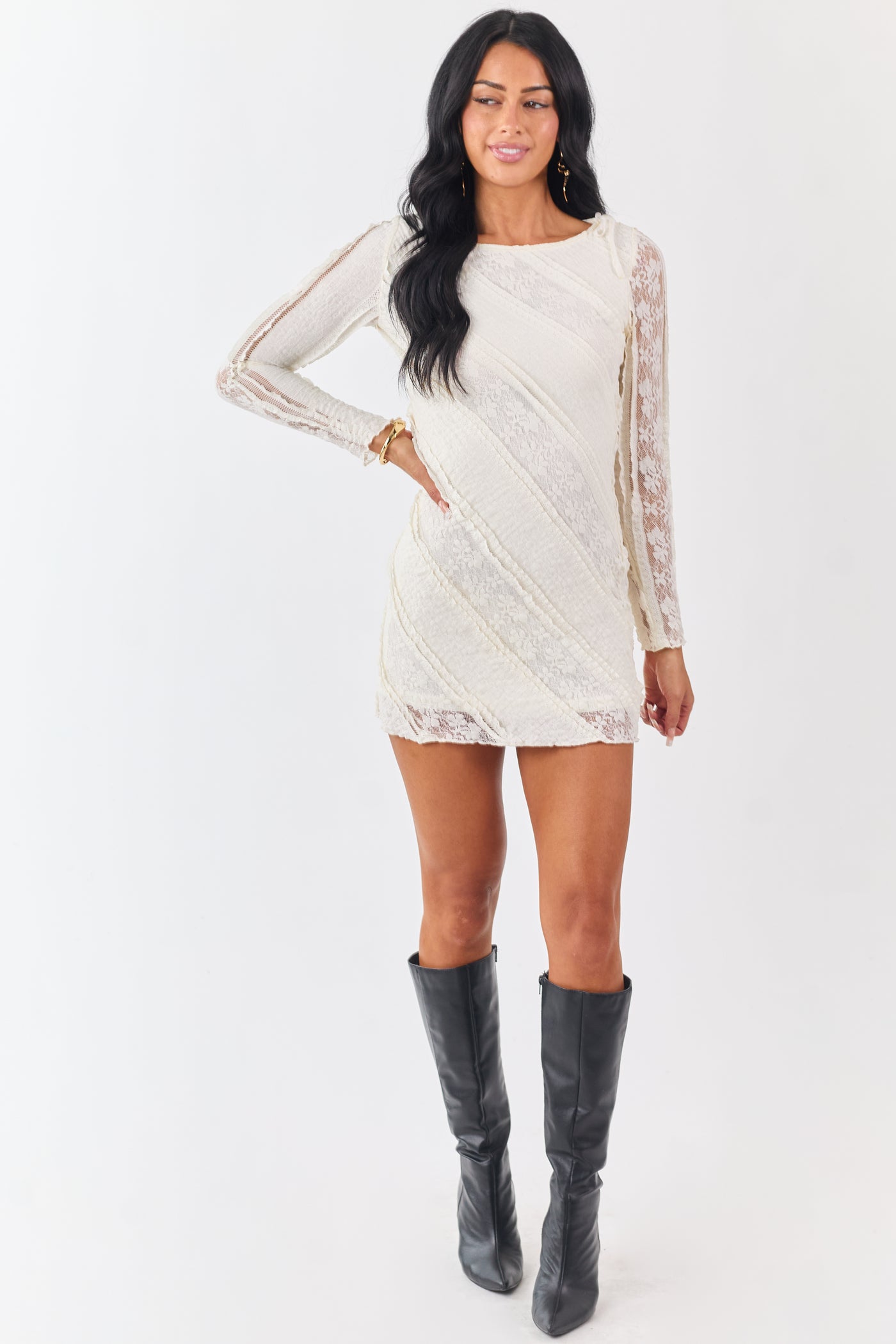 Cream Floral Lace Long Sleeve Mini Dress