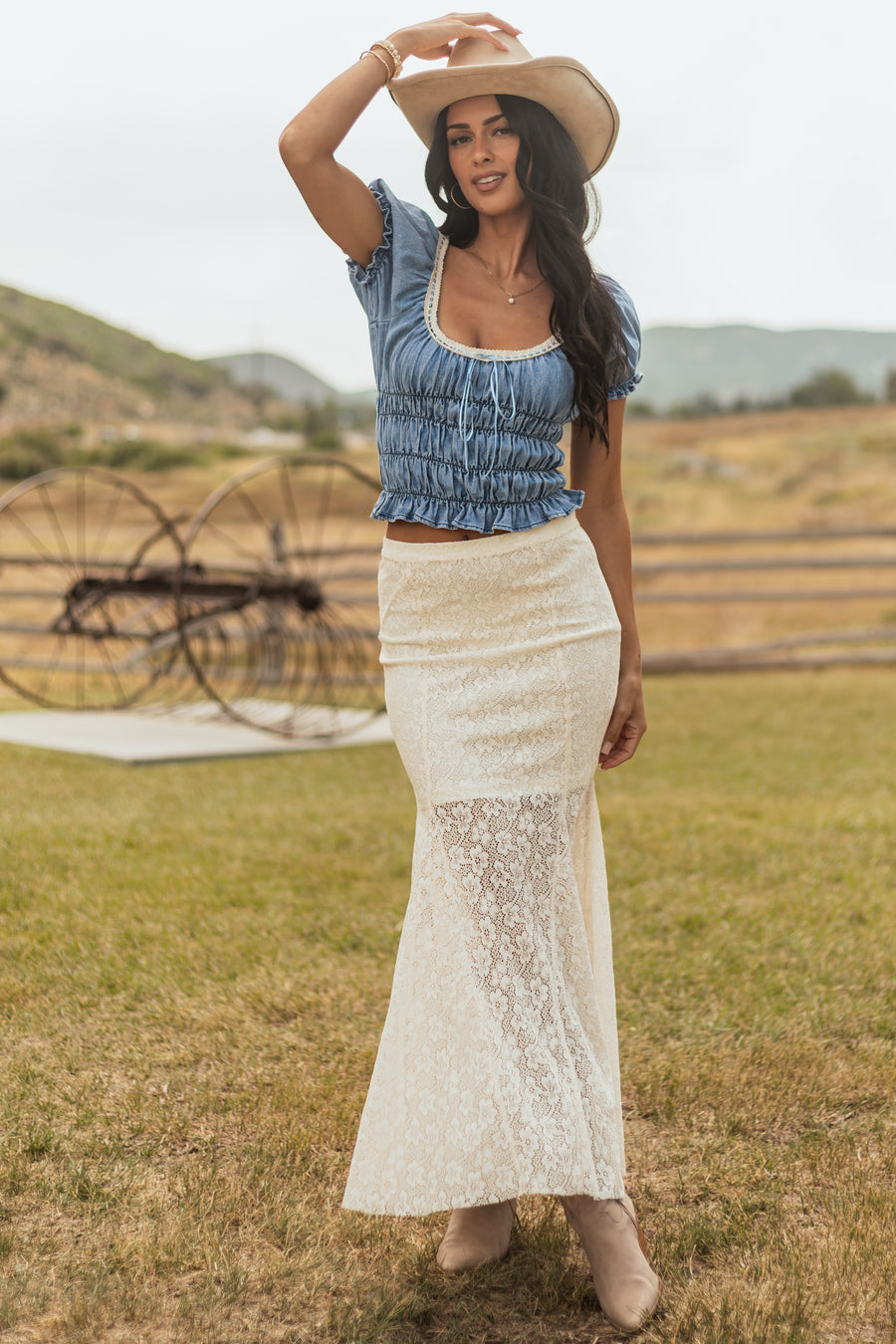 Cream Floral Lace Mermaid Hem Maxi Skirt