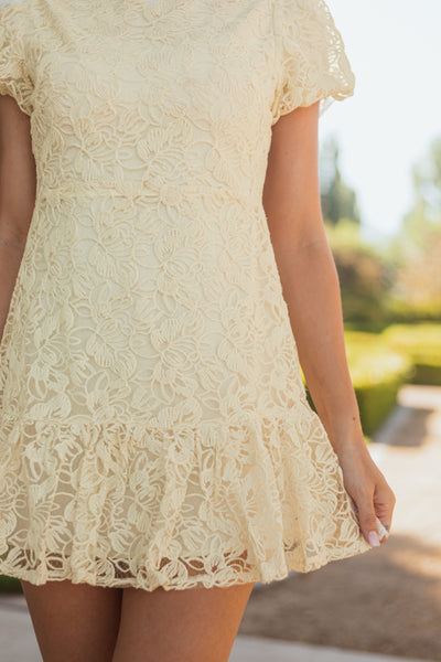 Cream Floral Lace Puff Sleeve Ruffle Hem Mini Dress