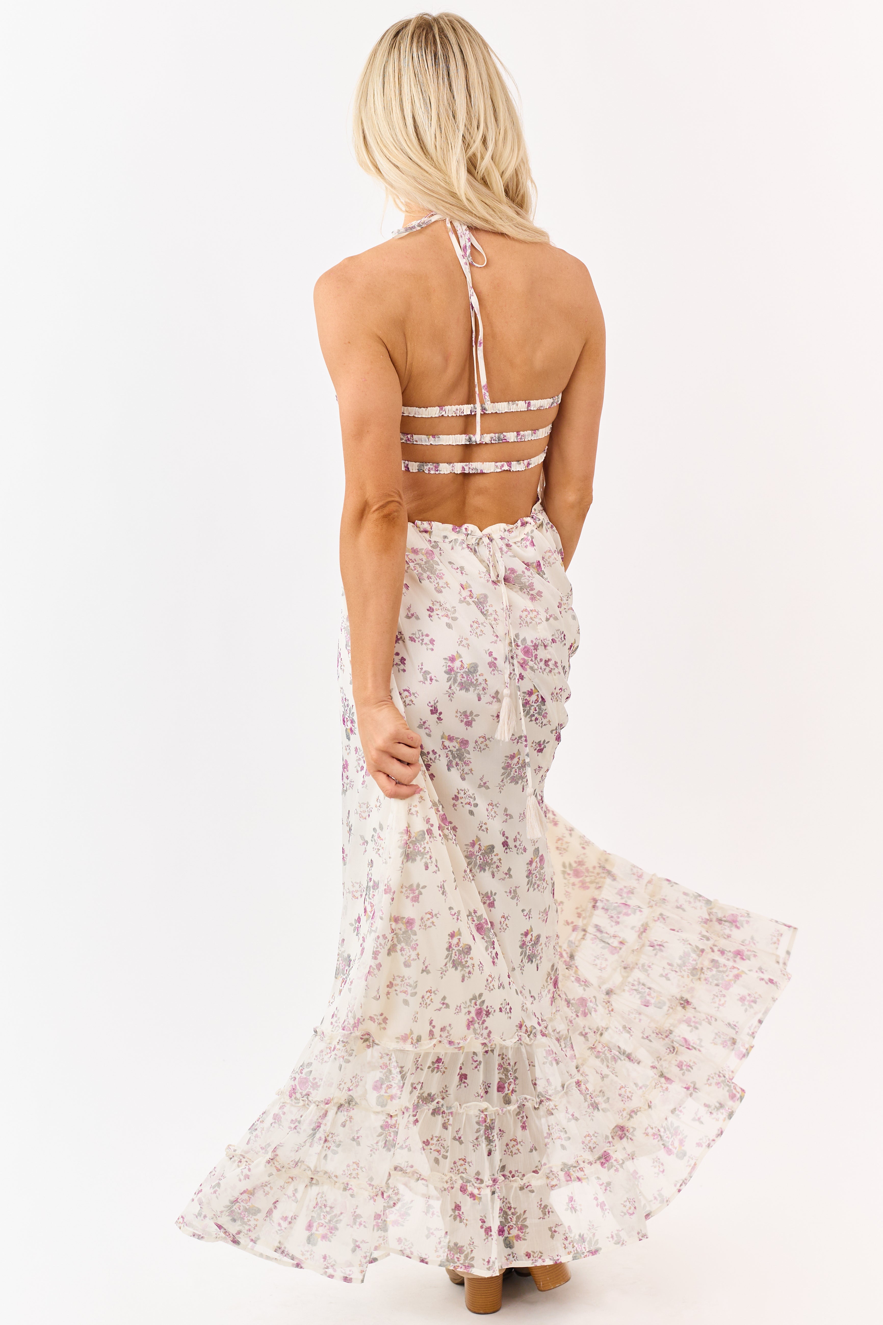 Cream Floral Print Backless Halter Neck Maxi Dress