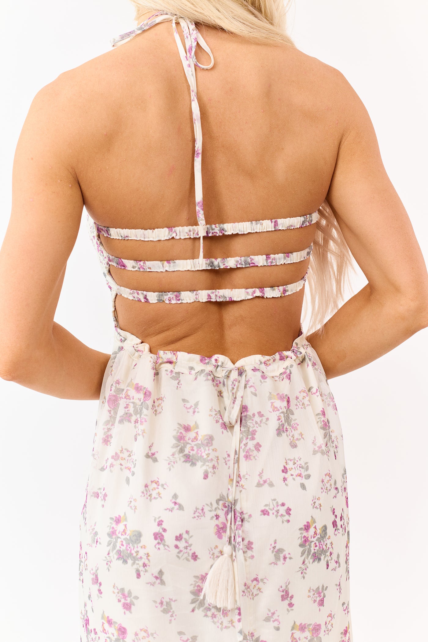 Cream Floral Print Backless Halter Neck Maxi Dress