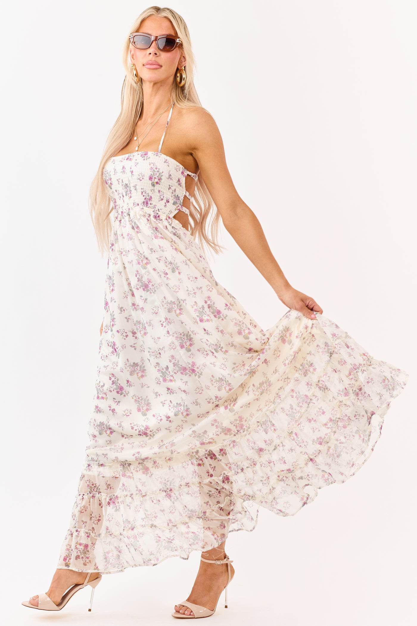 Cream Floral Print Backless Halter Neck Maxi Dress Cream Floral Print Backless Halter Neck Maxi Dress