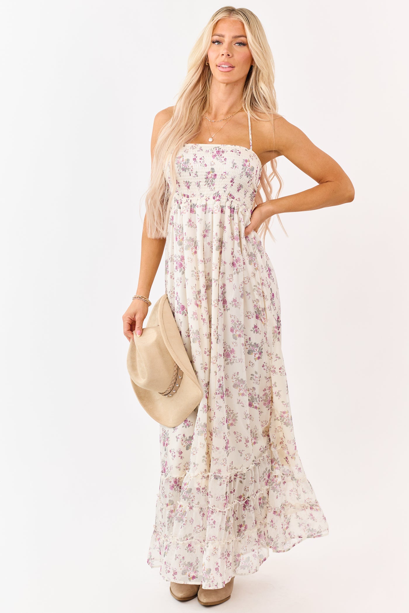 Cream Floral Print Backless Halter Neck Maxi Dress