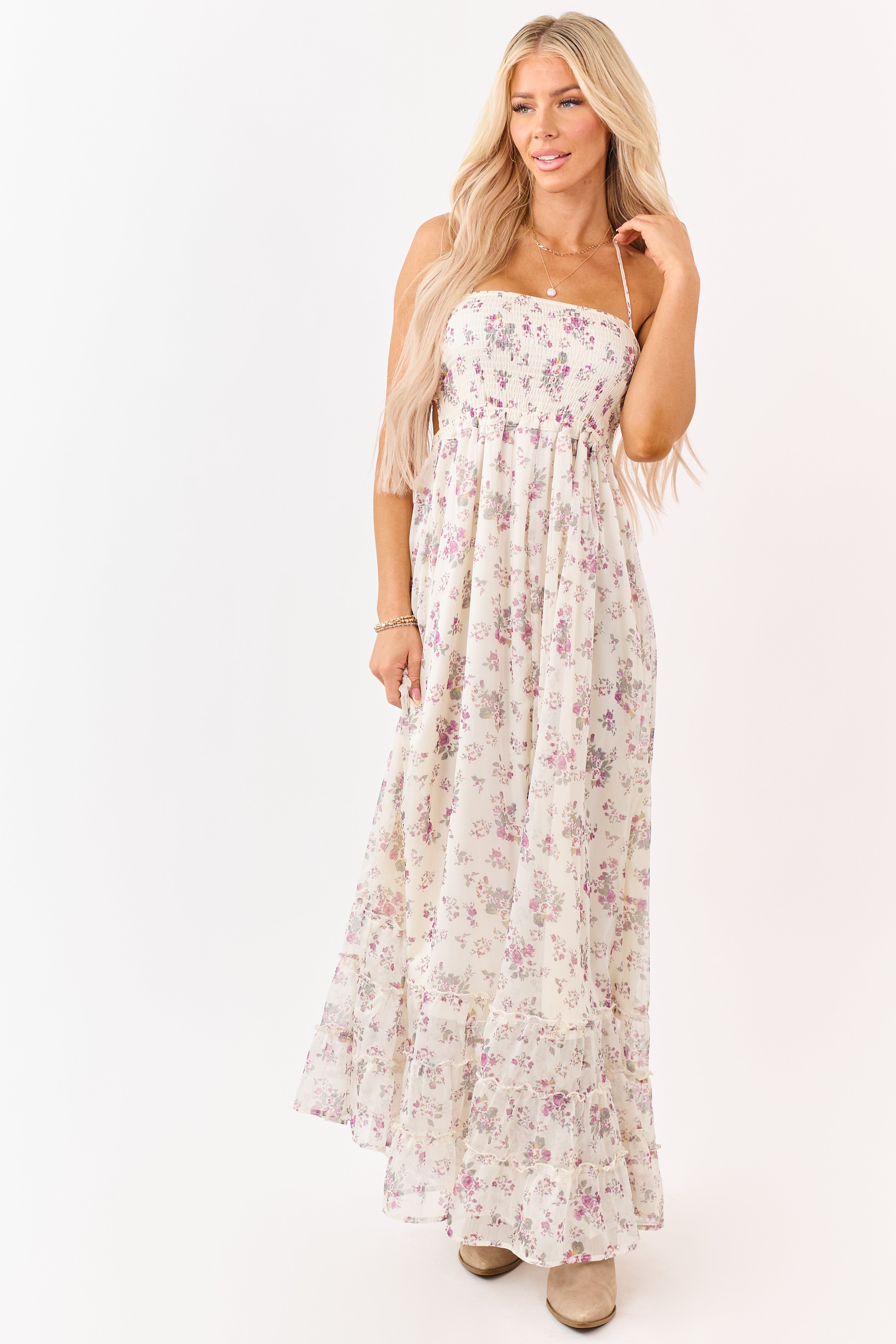 Cream Floral Print Backless Halter Neck Maxi Dress