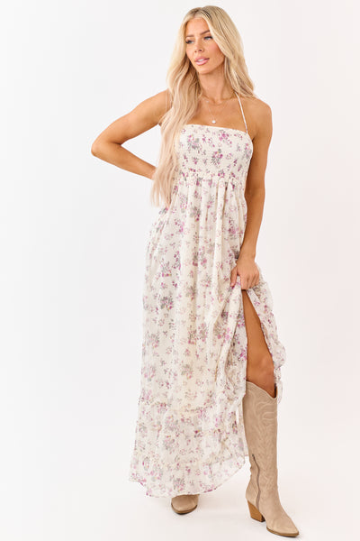 Cream Floral Print Backless Halter Neck Maxi Dress