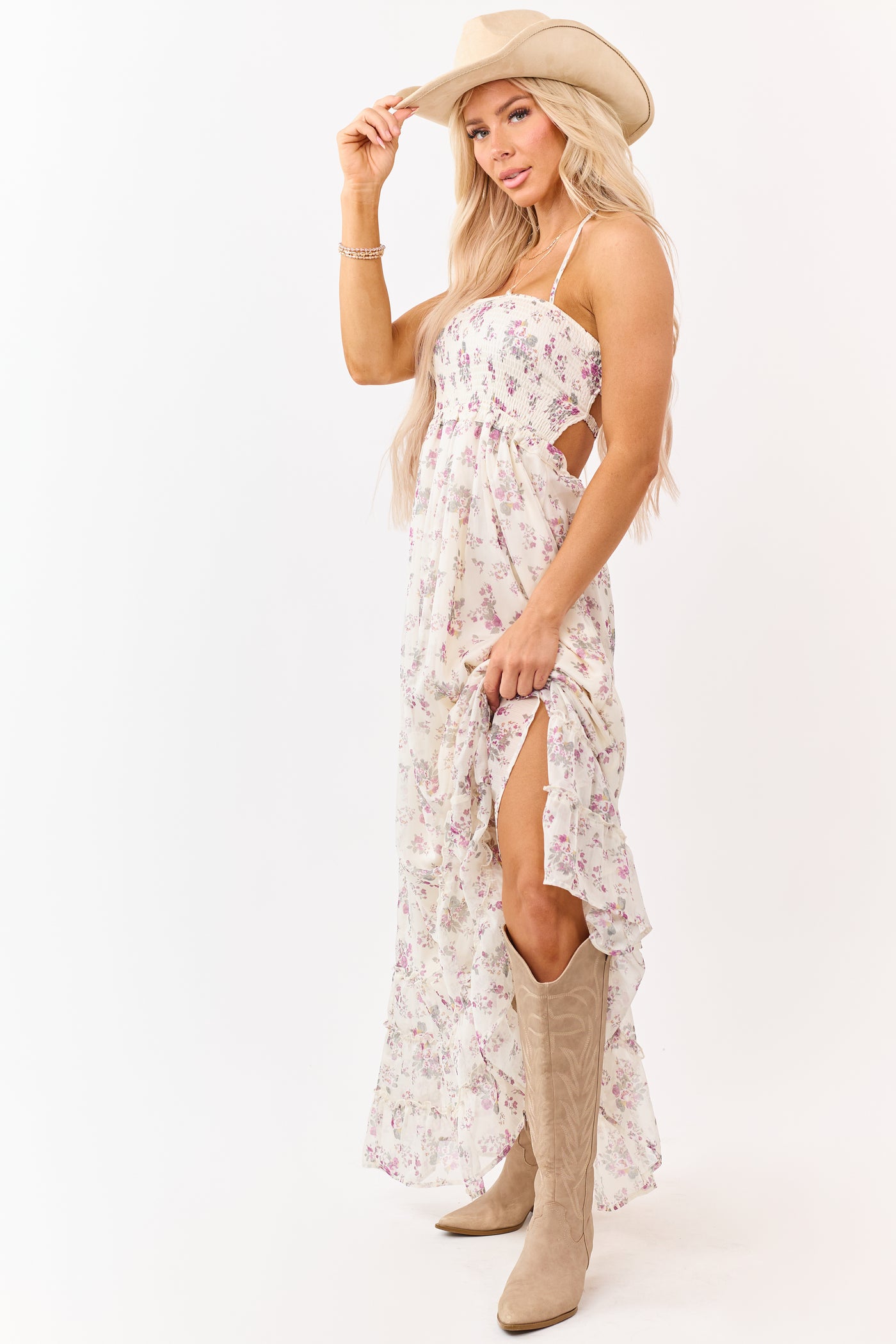 Cream Floral Print Backless Halter Neck Maxi Dress
