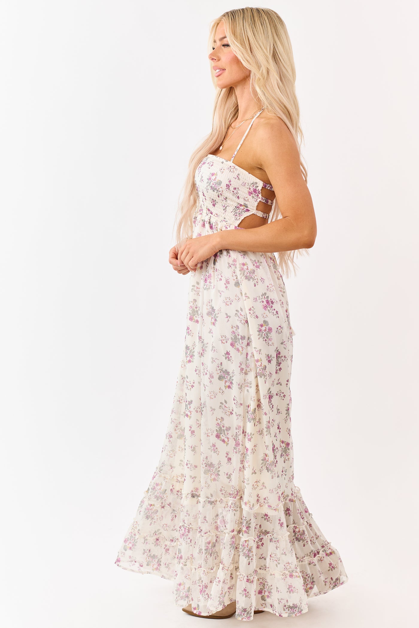 backless halter maxi dress Cream Floral Print Backless Halter Neck Maxi Dress