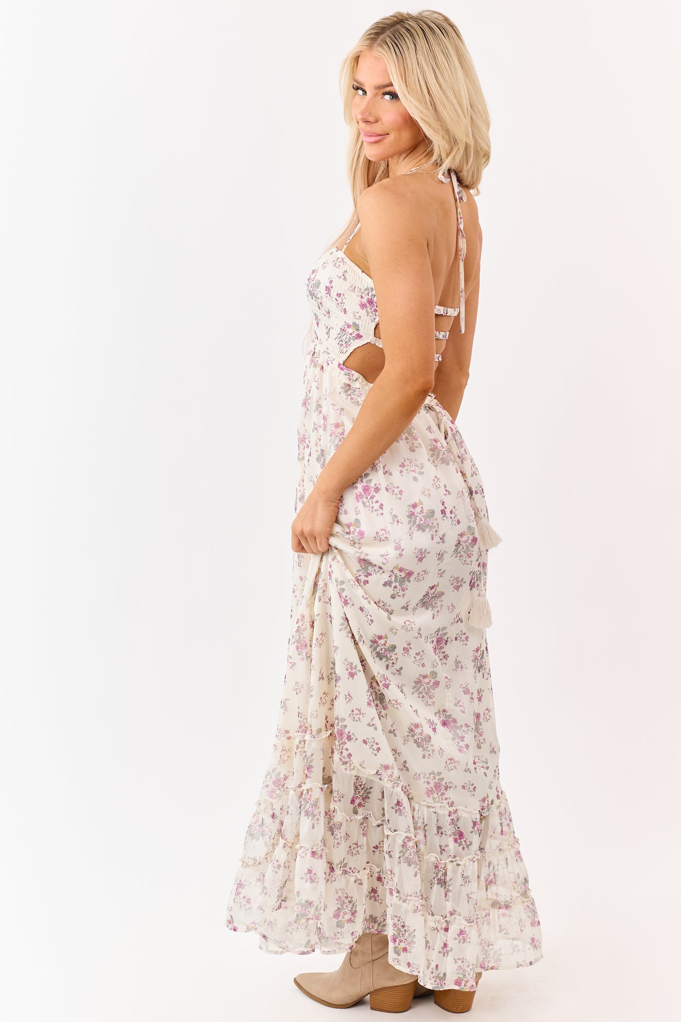 Cream Floral Print Backless Halter Neck Maxi Dress