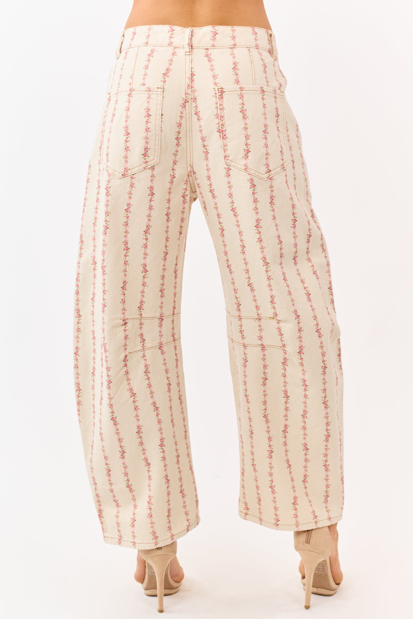 Cream Floral Print Barrel Leg Denim Pants