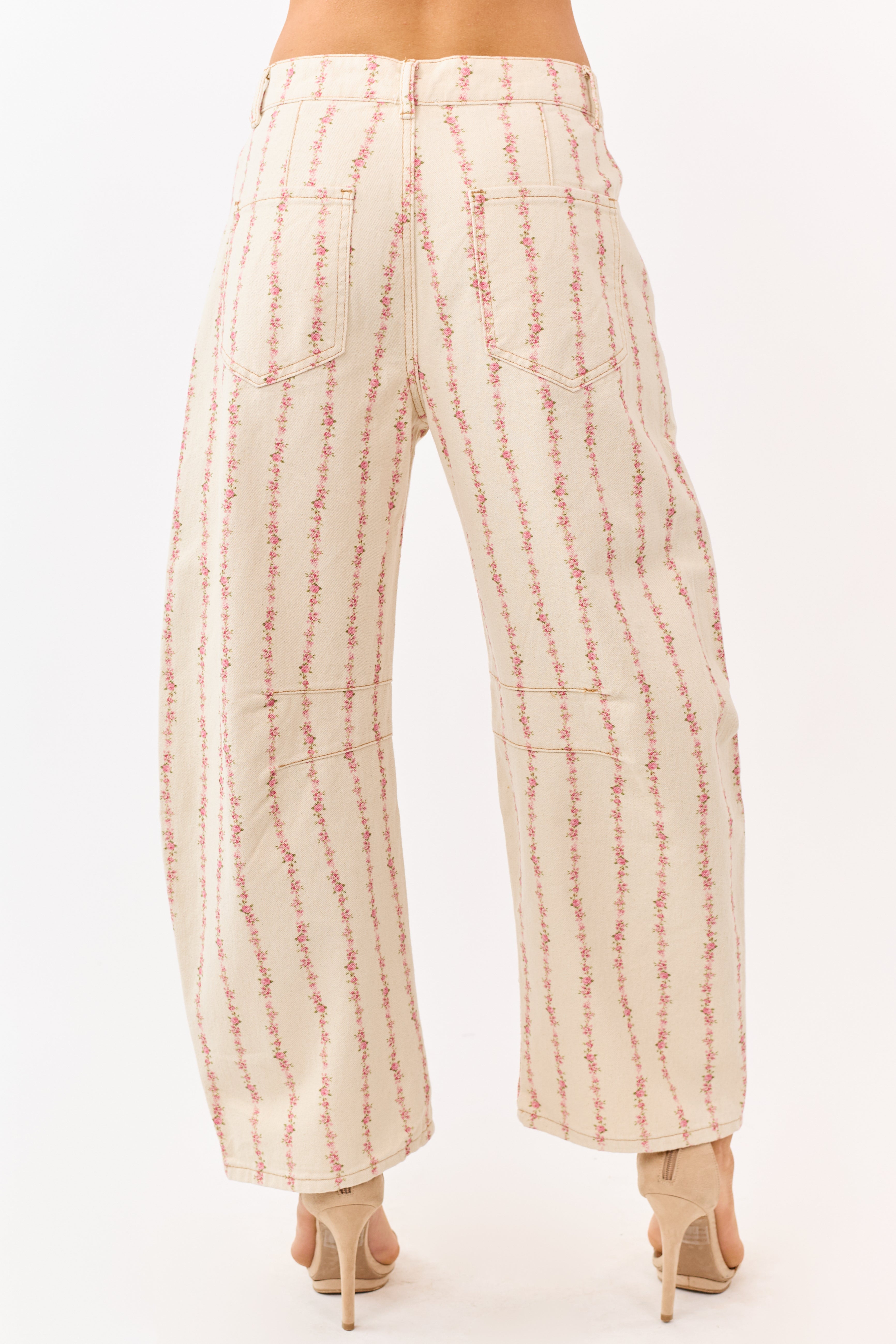 Cream Floral Print Barrel Leg Denim Pants