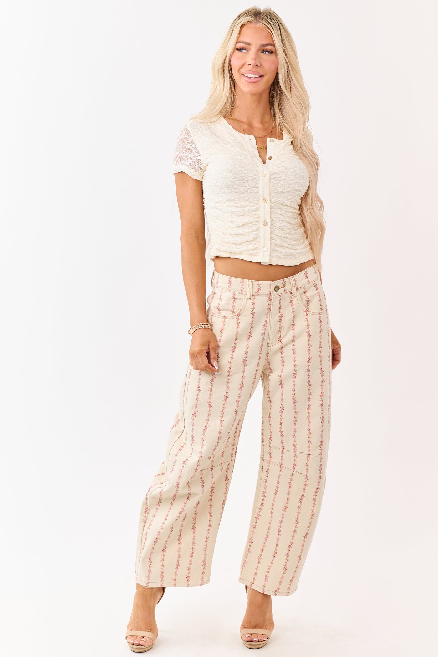 Cream Floral Print Barrel Leg Denim Pants