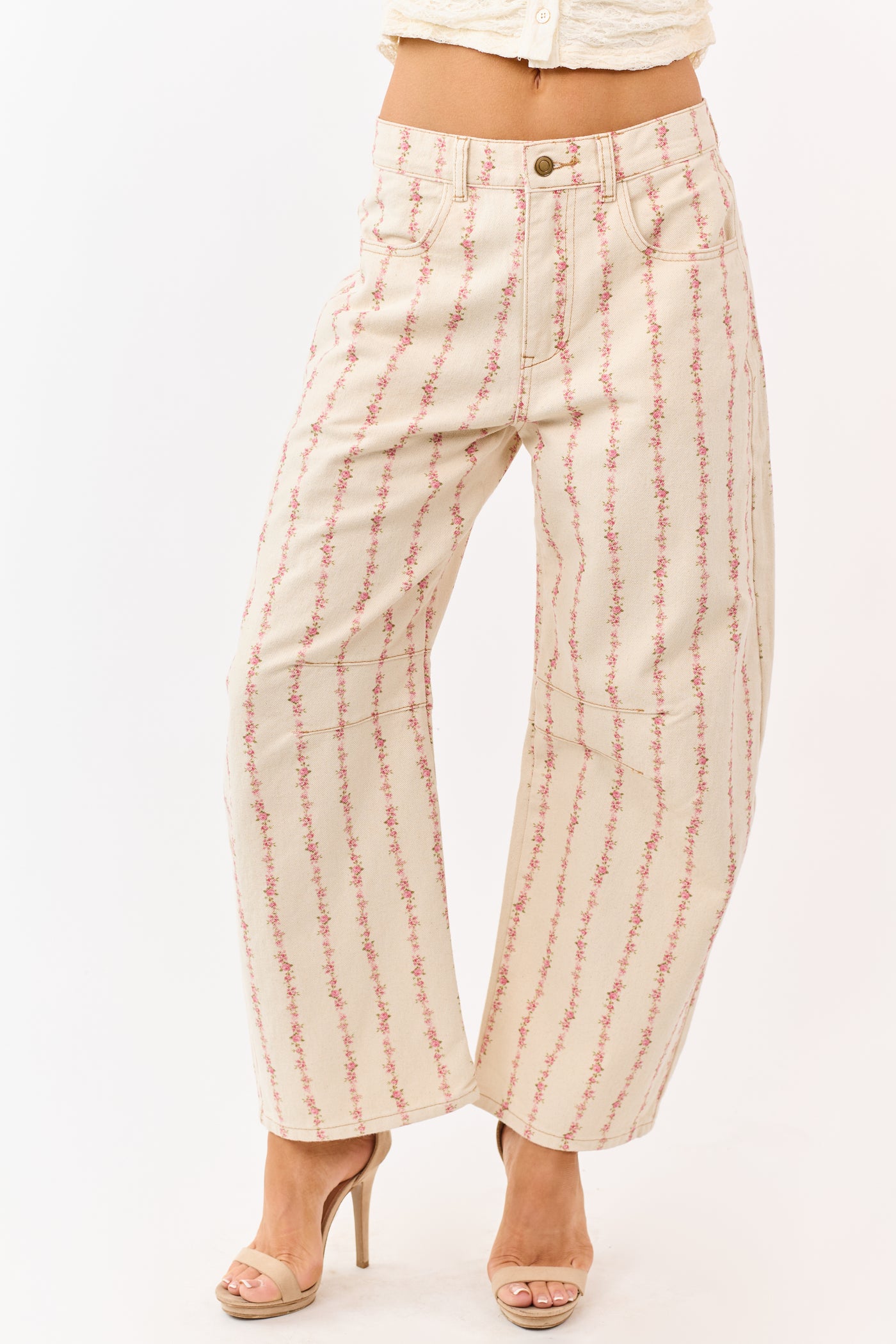 Cream Floral Print Barrel Leg Denim Pants