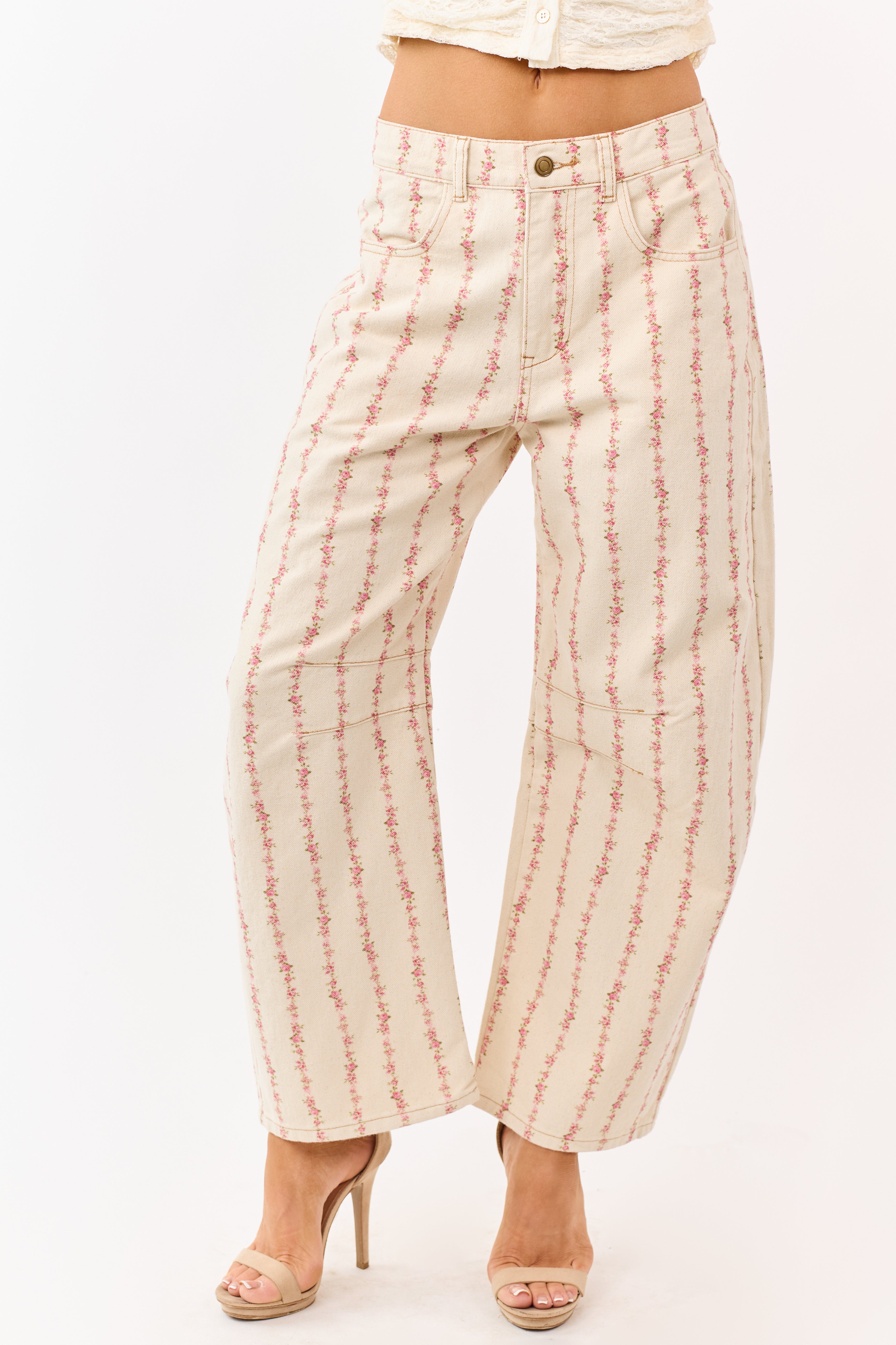 Cream Floral Print Barrel Leg Denim Pants