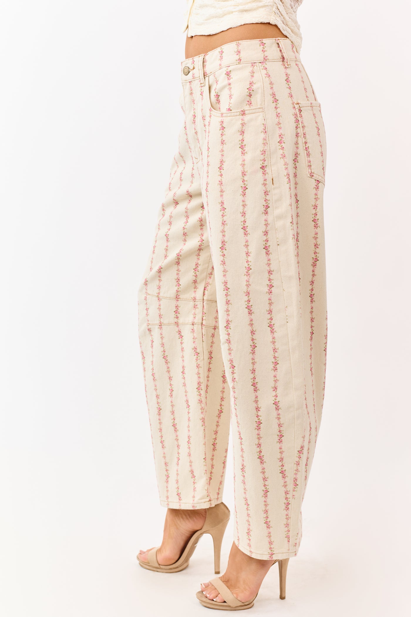 Cream Floral Print Barrel Leg Denim Pants