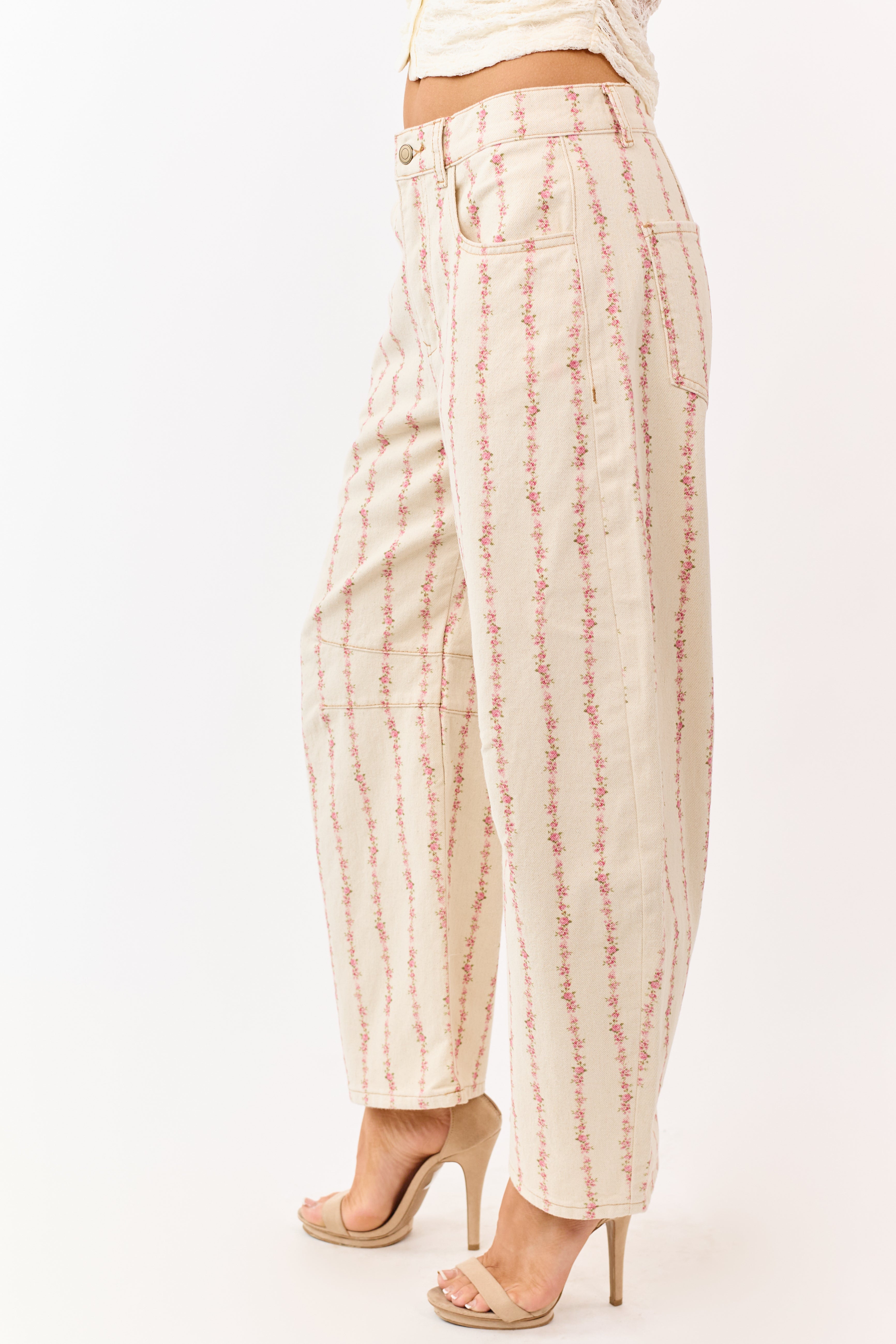 Cream Floral Print Barrel Leg Denim Pants