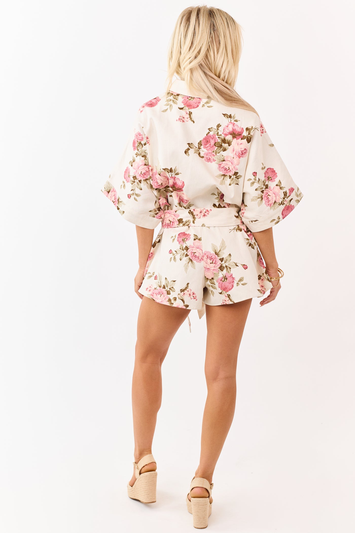 Cream Floral Print Button Down Denim Romper