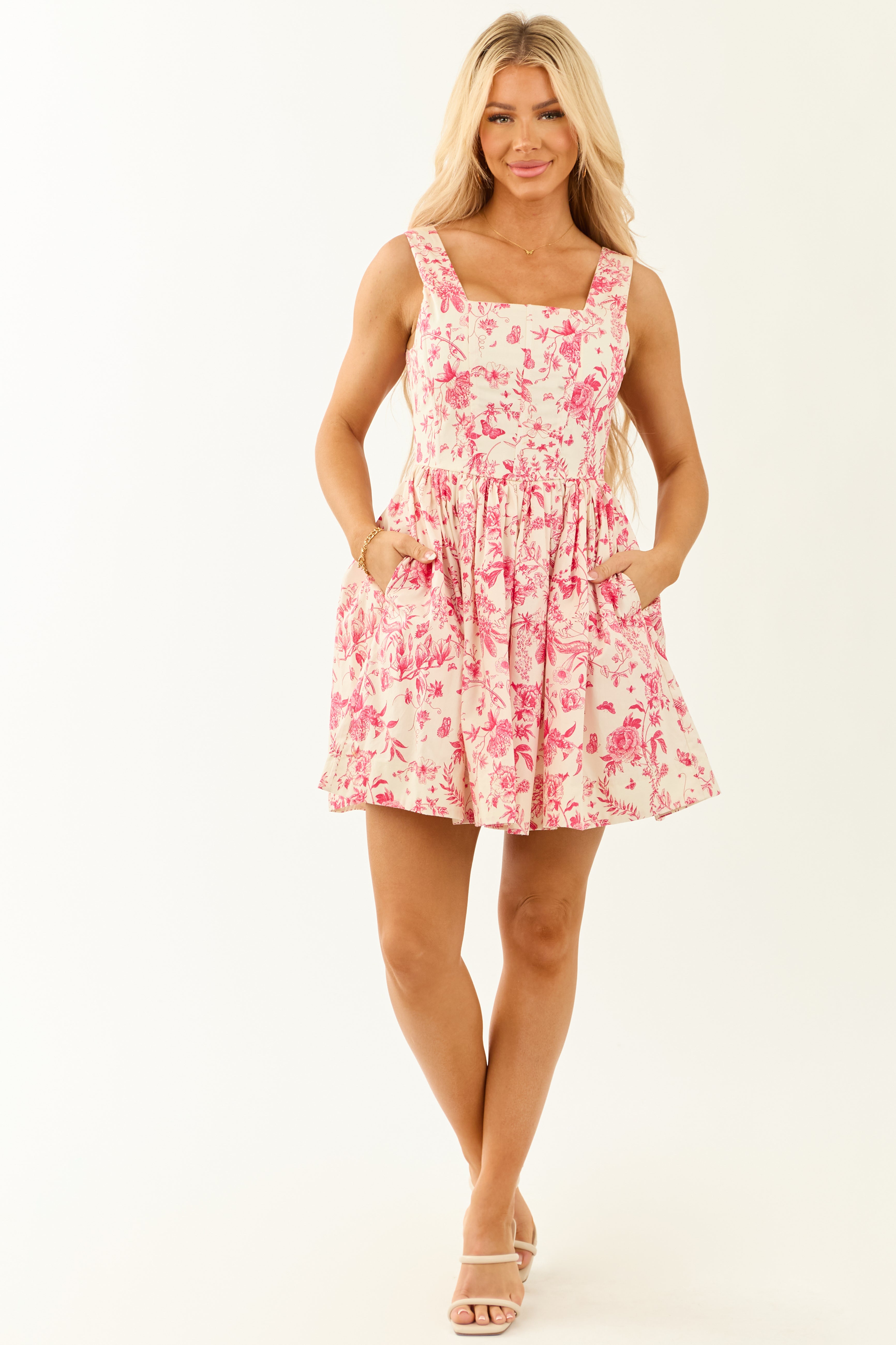 Cream Floral Print Corset Style Sleeveless Mini Dress | Lime