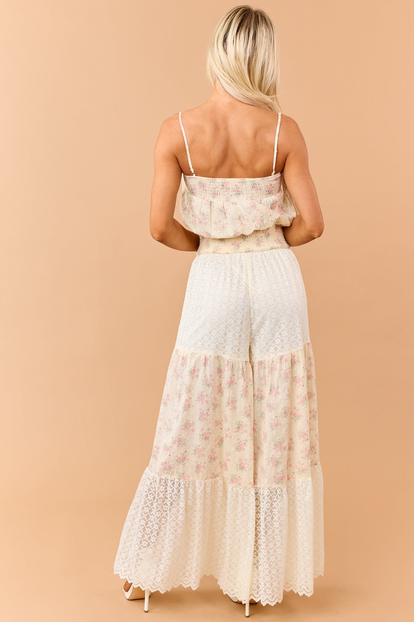 Cream Floral Print Cotton and Lace Panel Jumpsuit