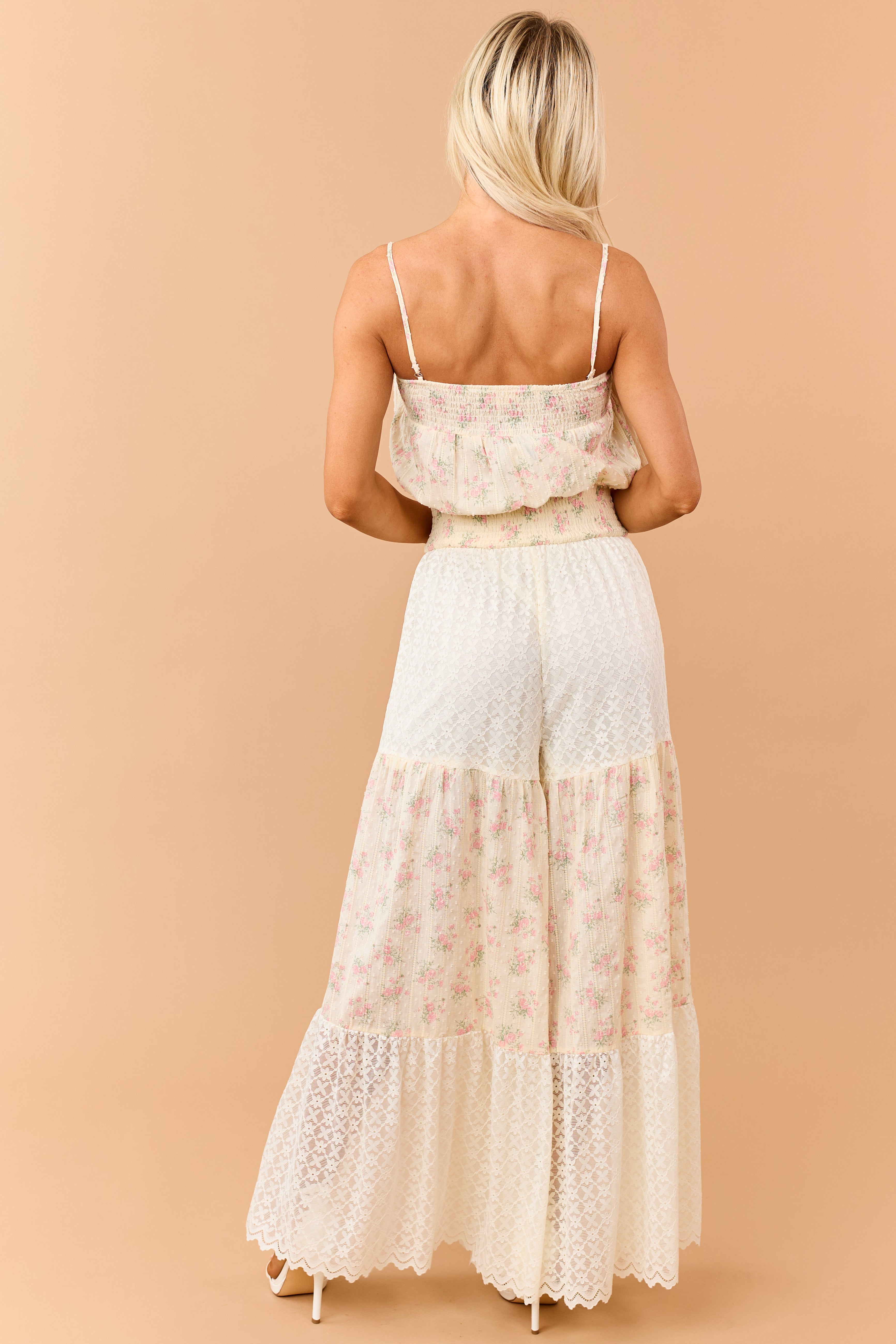 Cream Floral Print Cotton and Lace Panel Jumpsuit