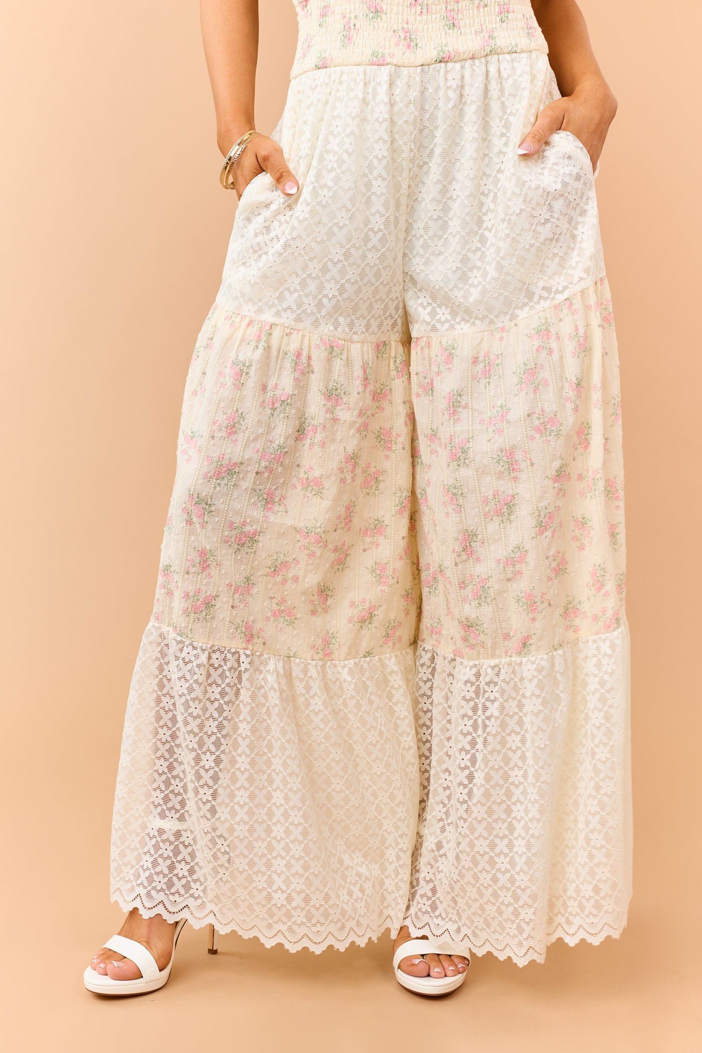 Cream Floral Print Cotton and Lace Panel Jumpsuit