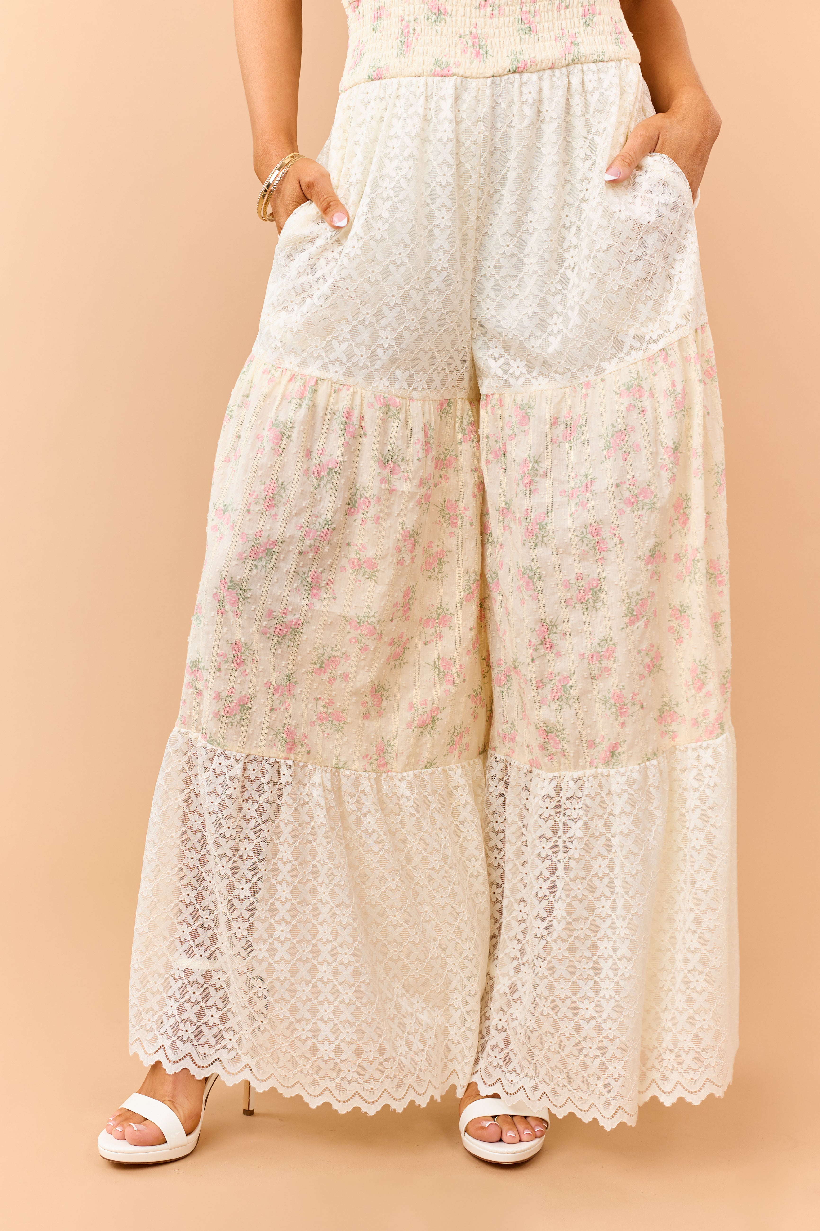 Cream Floral Print Cotton and Lace Panel Jumpsuit