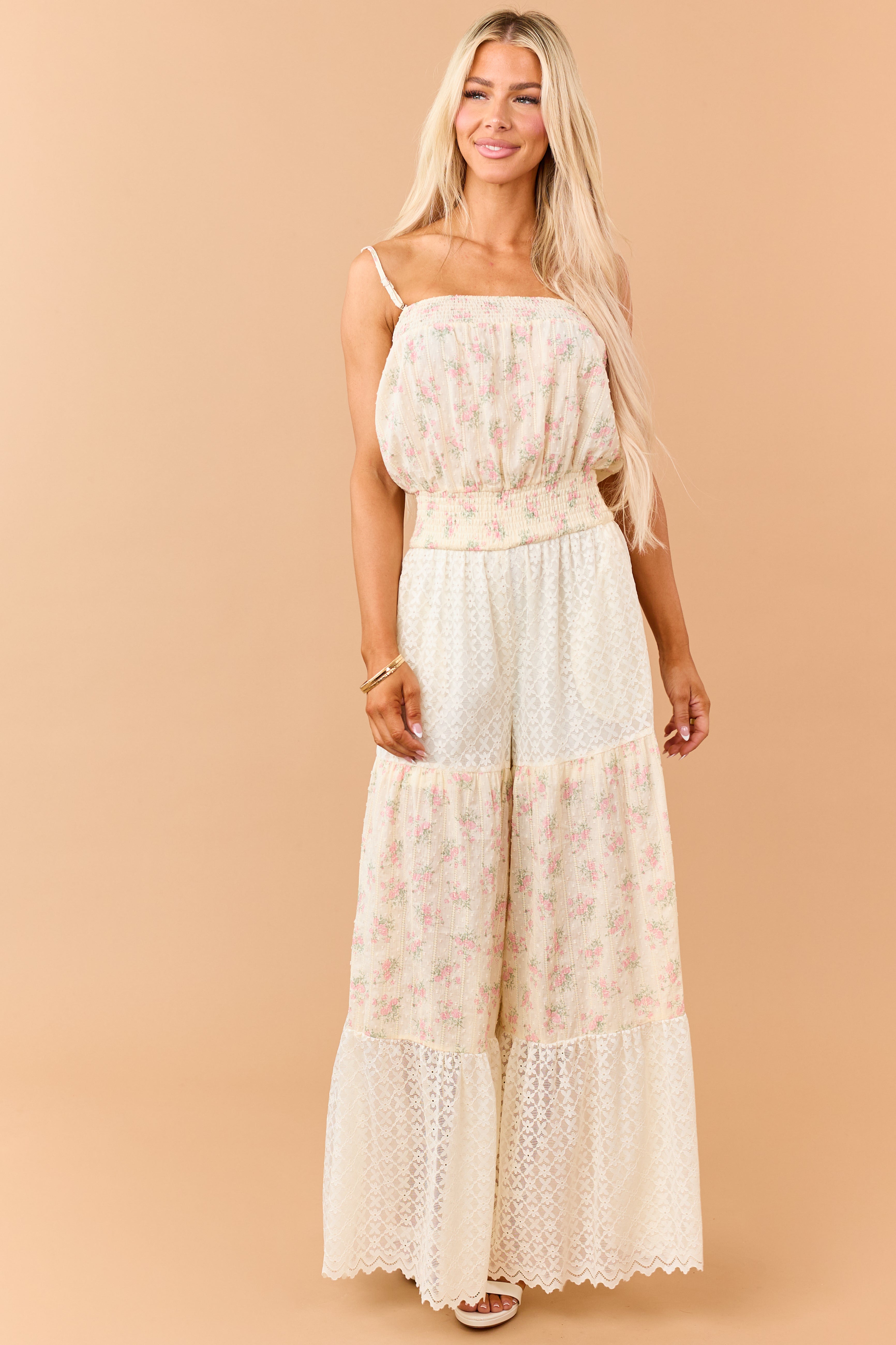 Cream Floral Print Cotton and Lace Panel Jumpsuit